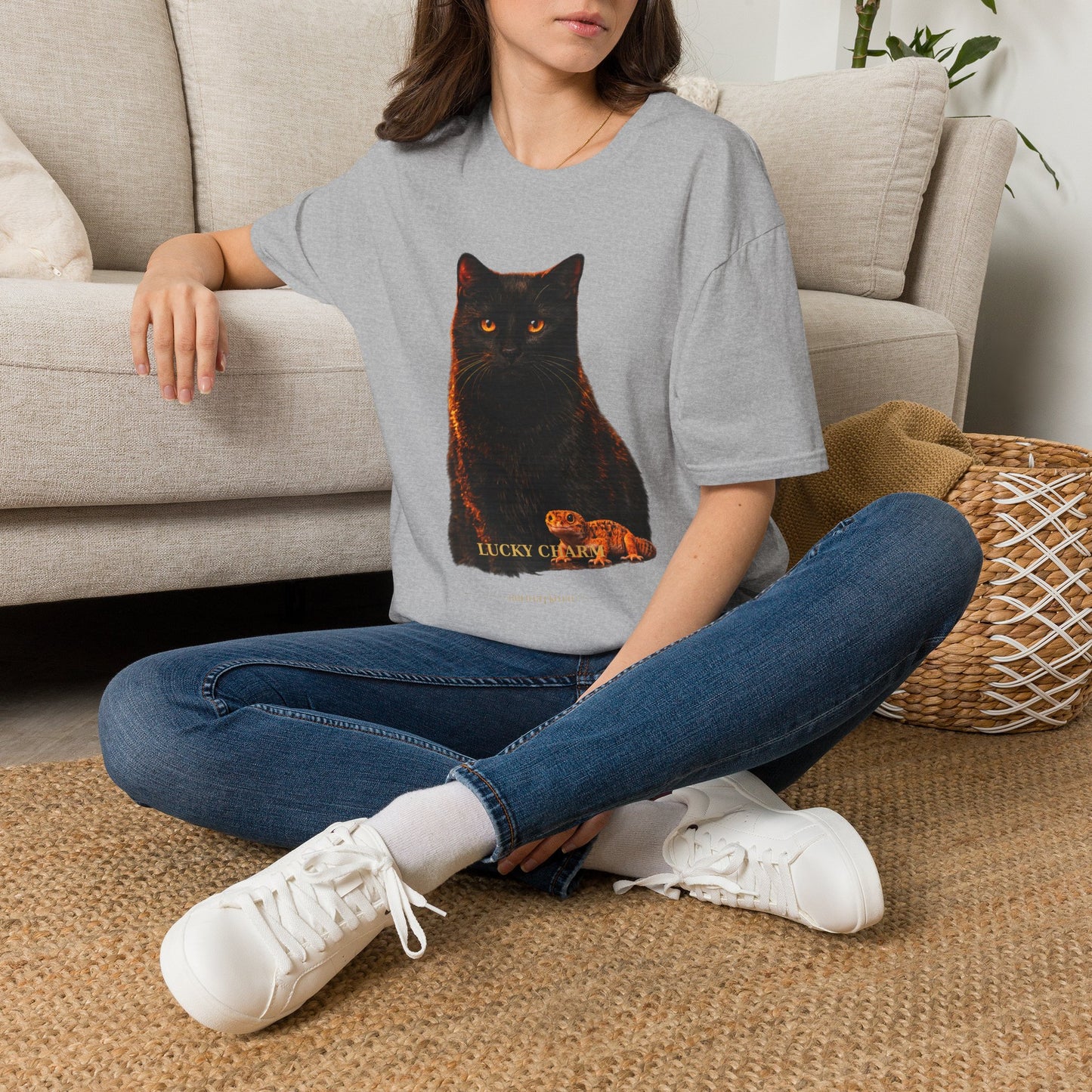 Black Cat — Lucky Charm — photoreal cat breed portraits paired with tiny gecko compani. Gold Gecko Co. Cats & Geckos collection.