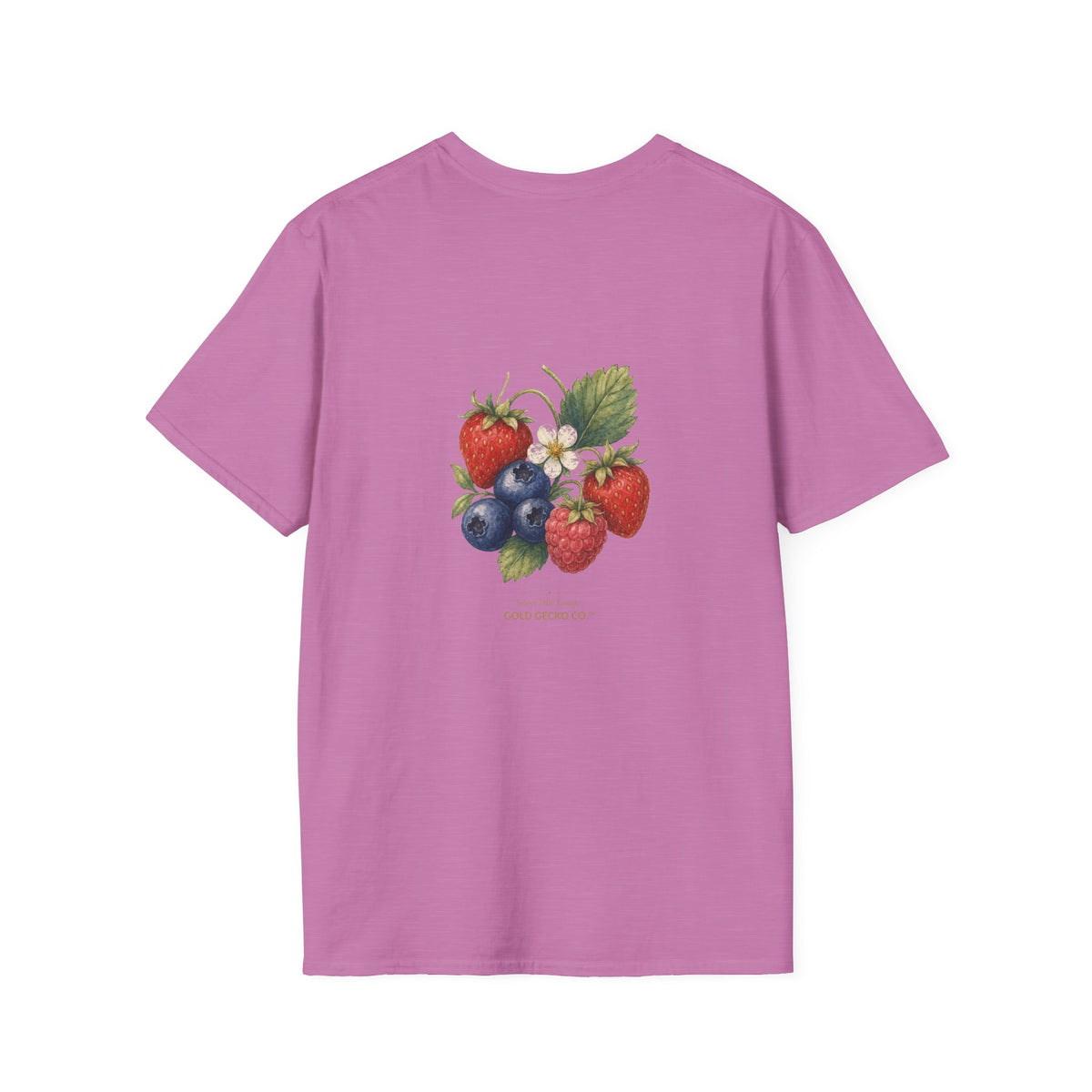 Berry Basket Buddy cottagecore watercolor T-shirt from Gold Gecko Co. — gecko nestled in a woven basket of wild strawberries and blueberries.