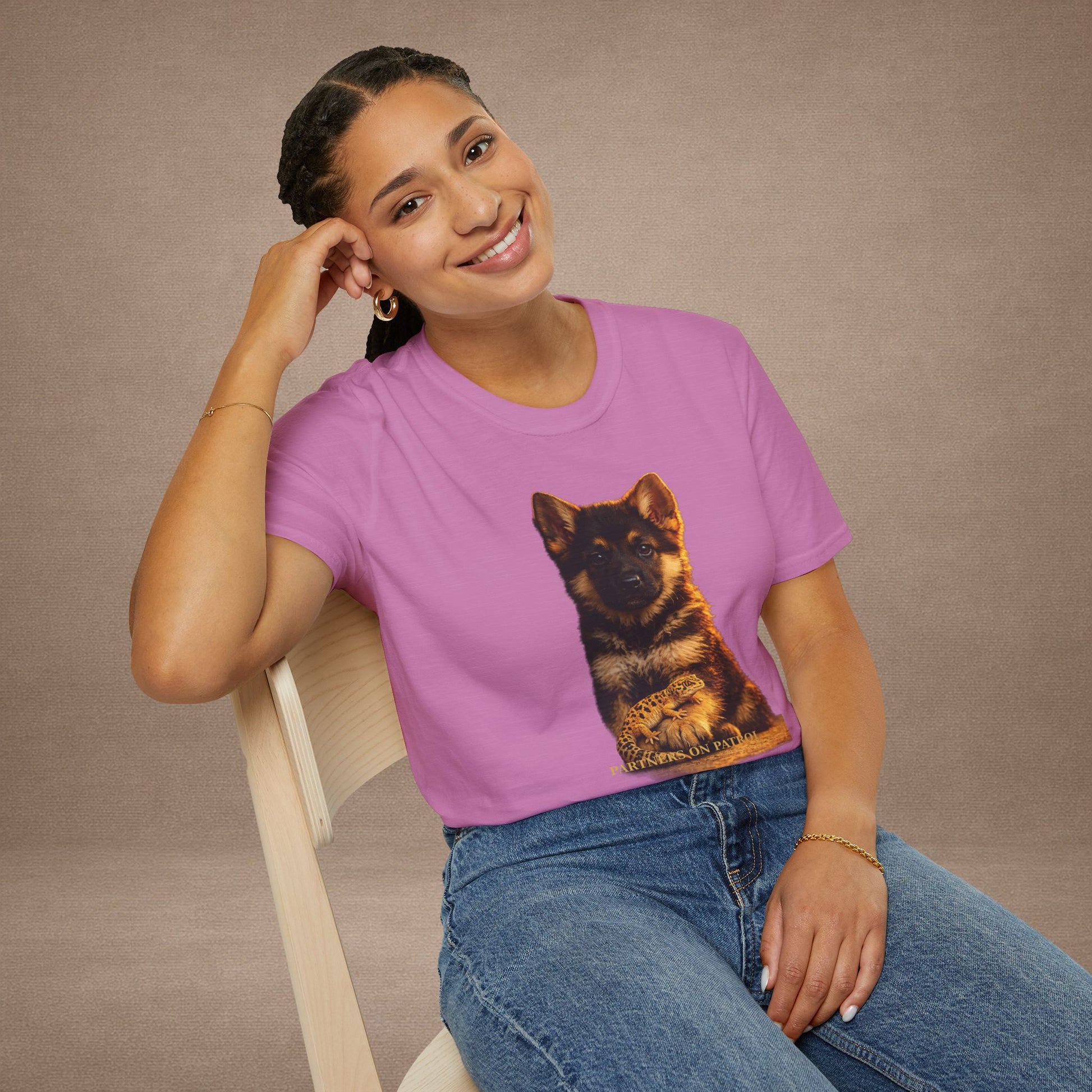 German Shepherd — Partners On Patrol — cinematic photoreal portraits of beloved dog breeds paired w. Gold Gecko Co. Puppies & Geckos collection.