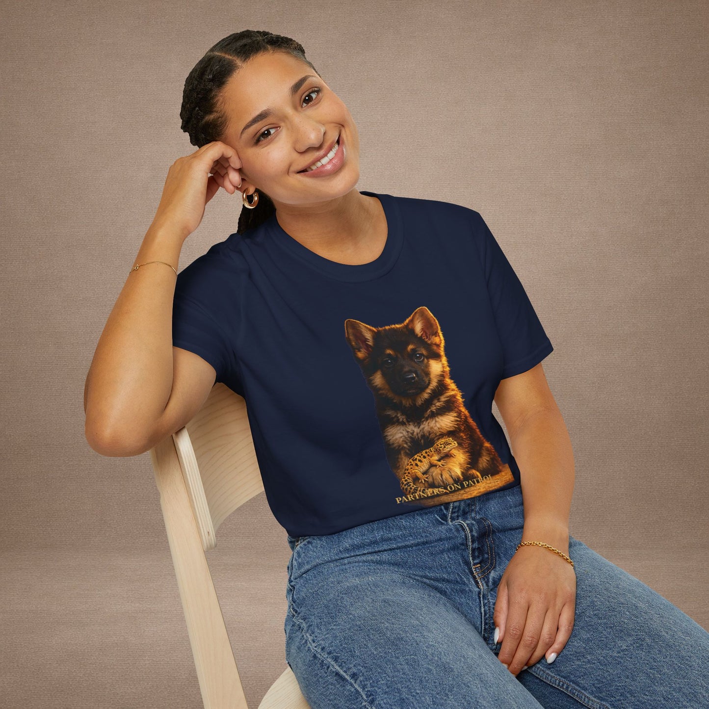 German Shepherd — Partners On Patrol — cinematic photoreal portraits of beloved dog breeds paired w. Gold Gecko Co. Puppies & Geckos collection.