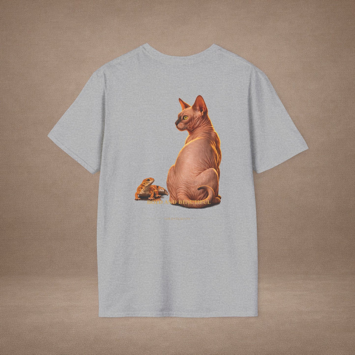 Sphynx — Bold And Beautiful — photoreal cat breed portraits paired with tiny gecko compani. Gold Gecko Co. Cats & Geckos collection.