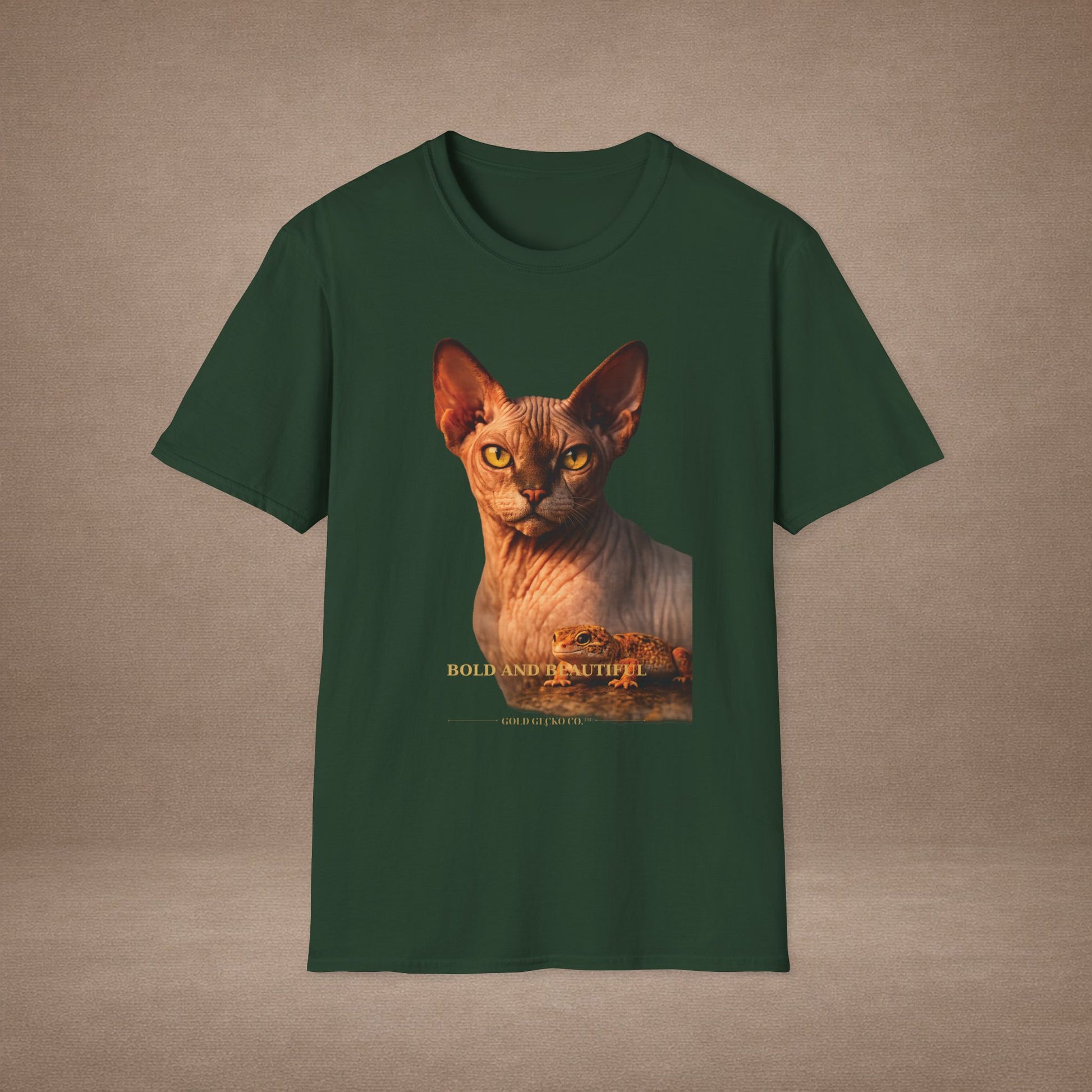 Sphynx — Bold And Beautiful — photoreal cat breed portraits paired with tiny gecko compani. Gold Gecko Co. Cats & Geckos collection.