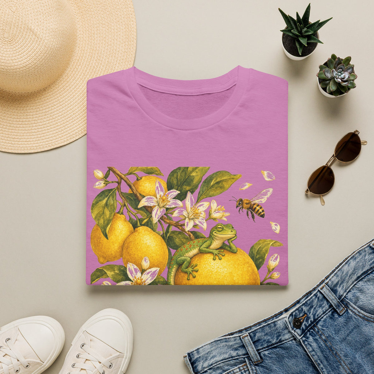 Citrus Grove Gecko cottagecore watercolor T-shirt from Gold Gecko Co. — gecko in a sunlit Mediterranean citrus grove of lemons and oranges.