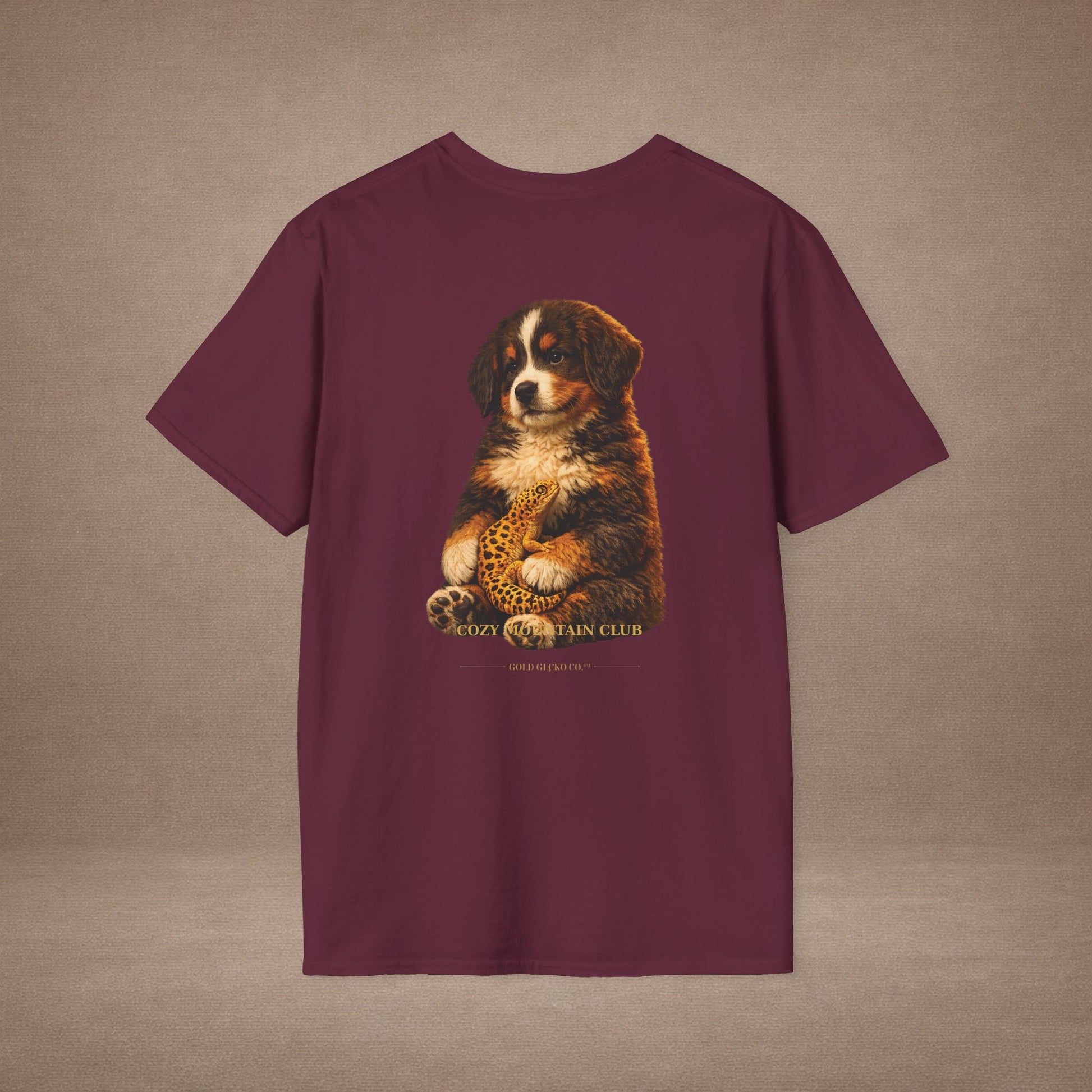 Bernese Mountain Dog — Cozy Mountain Club — cinematic photoreal portraits of beloved dog breeds paired w. Gold Gecko Co. Puppies & Geckos collection.