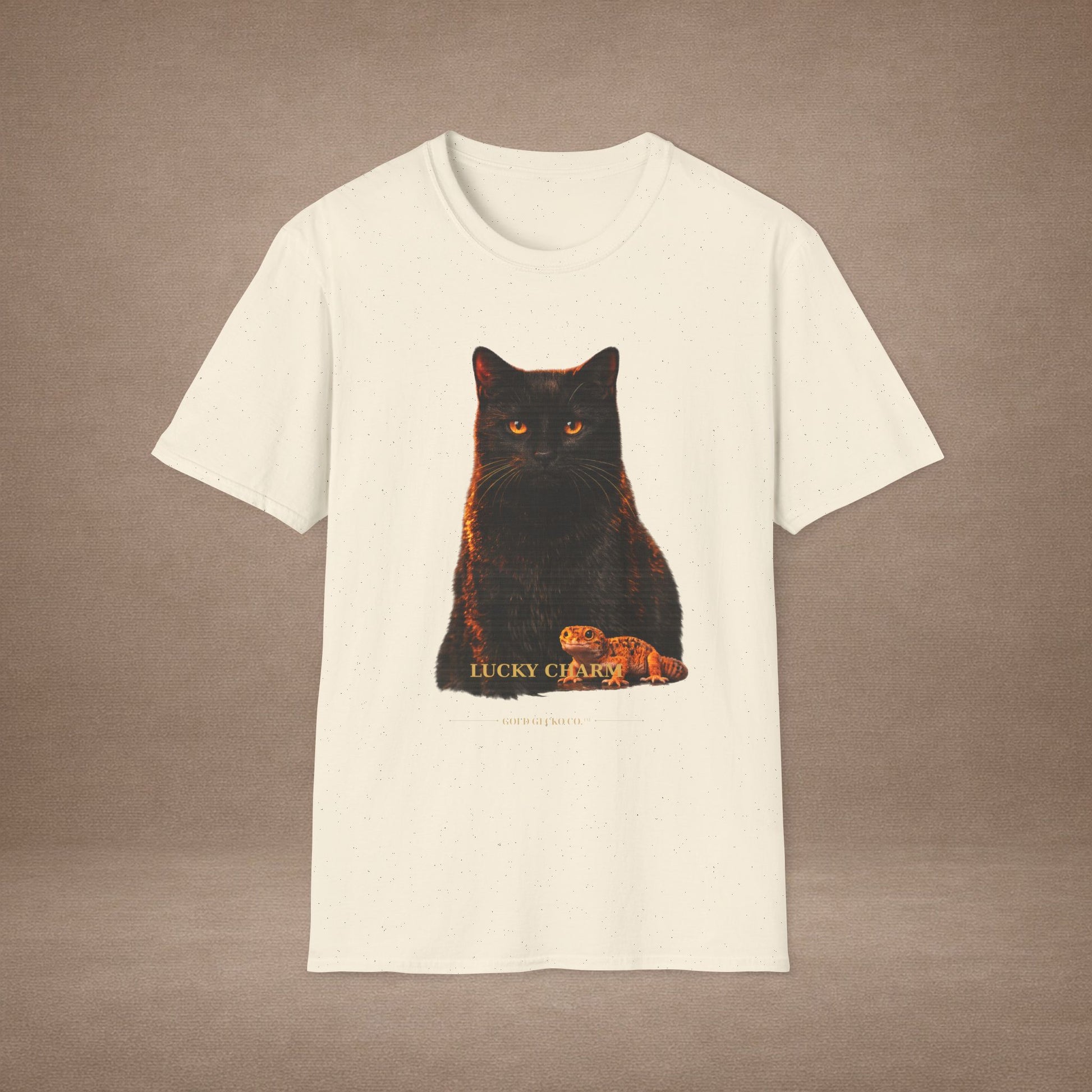 Black Cat — Lucky Charm — photoreal cat breed portraits paired with tiny gecko compani. Gold Gecko Co. Cats & Geckos collection.