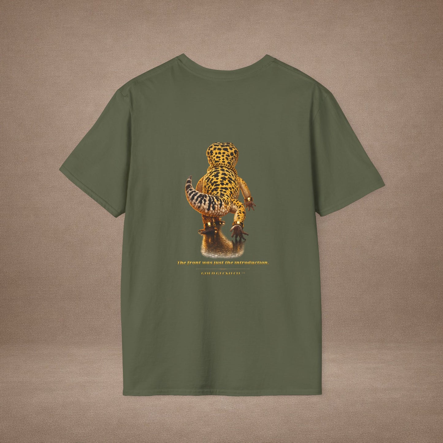 Design # 001  Gold Gecko Co. tm - Signature Logo Tee — Emblem Graphic T-Shirt (Front @ Back)