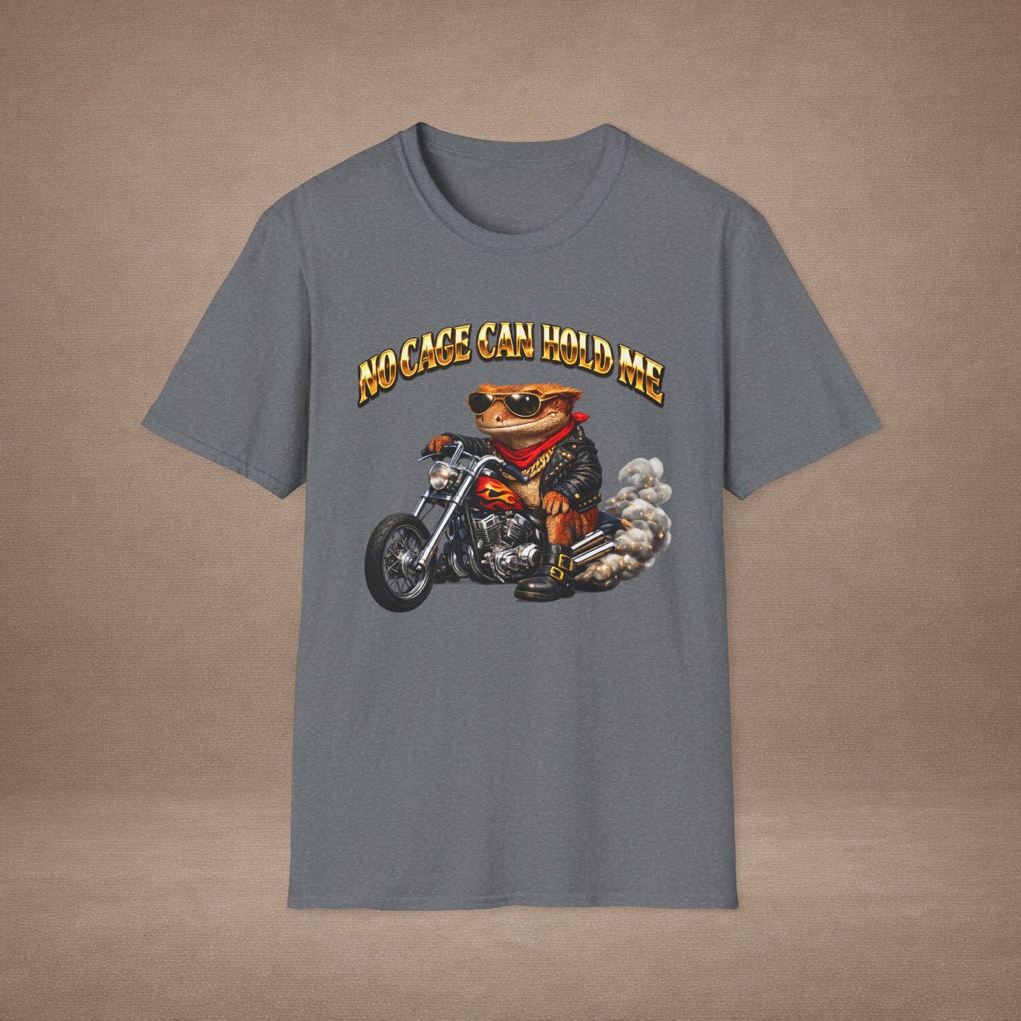 DESIGN #37 No Cage Can Hold Me — Chopper Gecko Tee (Front & Back) Gold Lettering