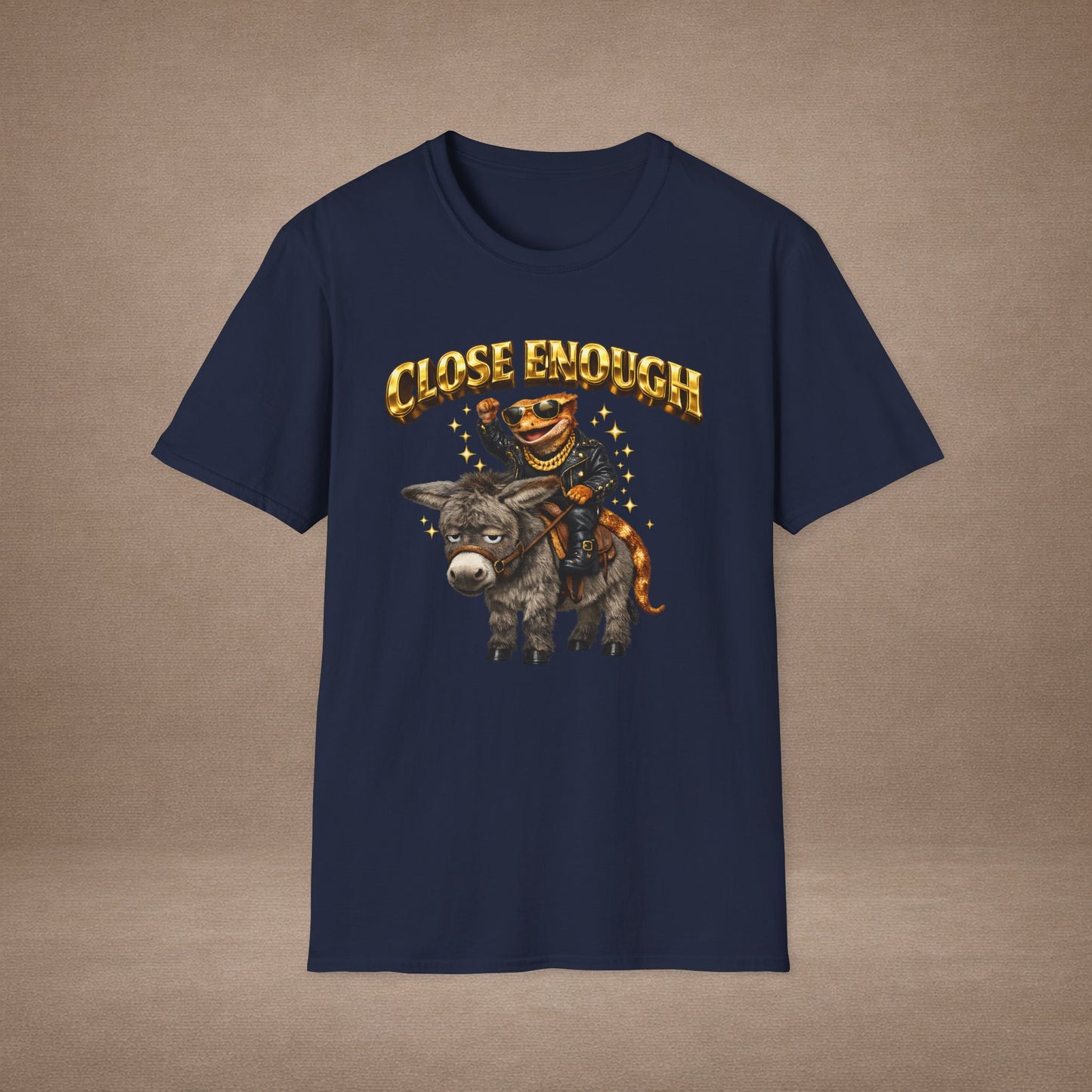 DESIGN #04-1 Close Enough — Donkey Gecko Tee (Front & Back) (Gold Letters)