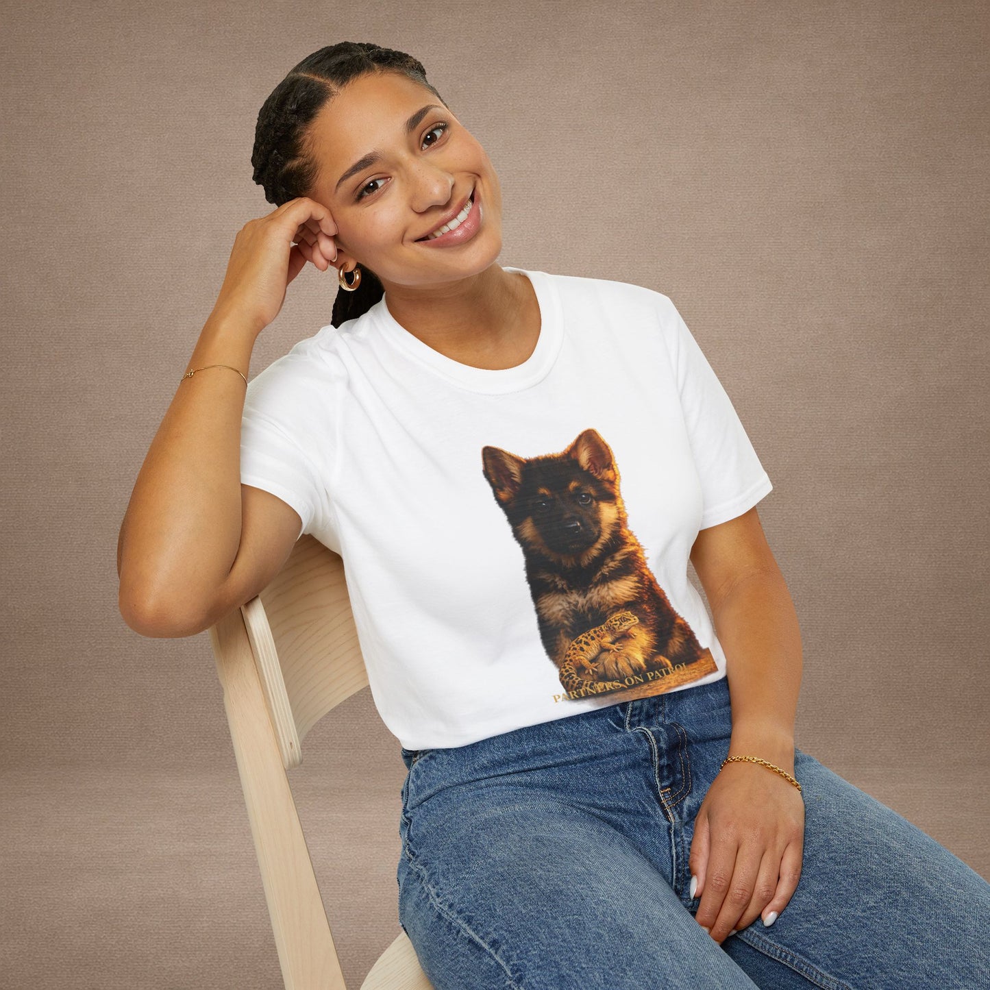 German Shepherd — Partners On Patrol — cinematic photoreal portraits of beloved dog breeds paired w. Gold Gecko Co. Puppies & Geckos collection.