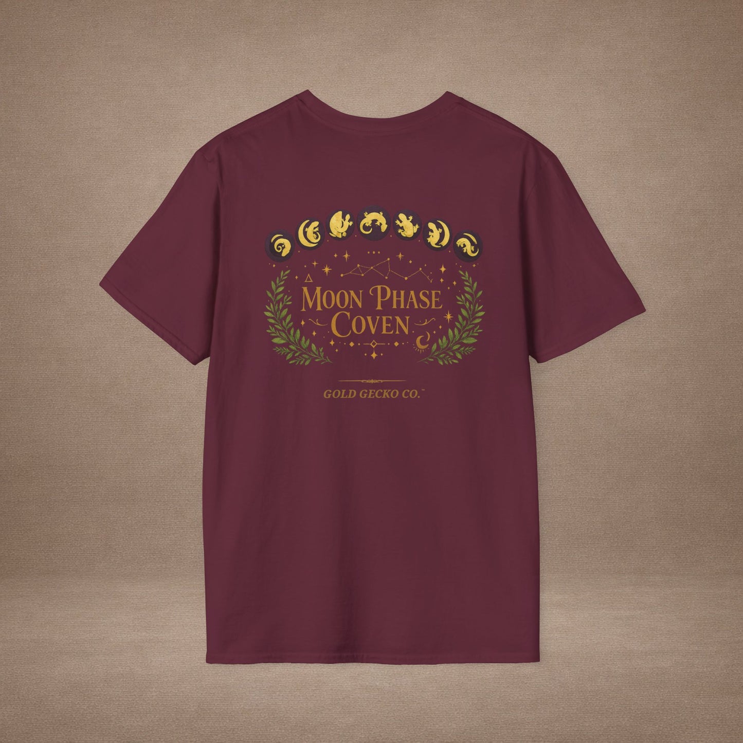 Moon Phase Coven gecko t-shirt with Coven Banner back — Gold Gecko Co. Moon & Mystic collection