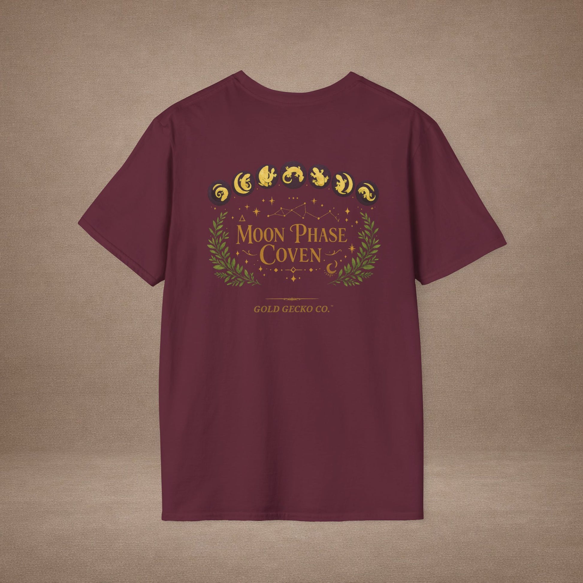 Moon Phase Coven gecko t-shirt with Coven Banner back — Gold Gecko Co. Moon & Mystic collection