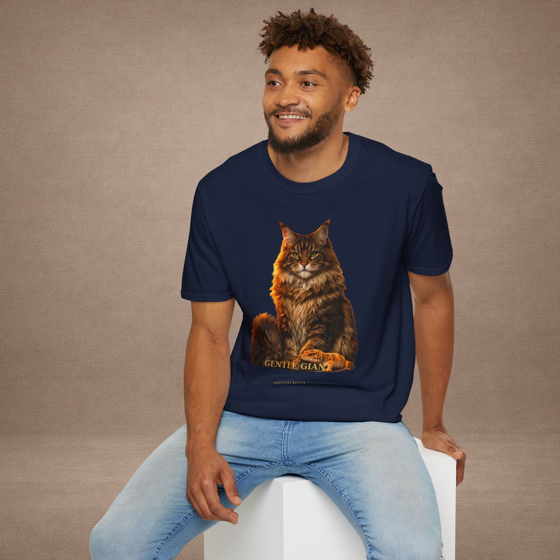 Maine Coon — Gentle Giant — photoreal cat breed portraits paired with tiny gecko compani. Gold Gecko Co. Cats & Geckos collection.