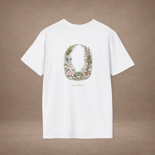 Garden Gecko leopard gecko t-shirt with botanical ferns, mushrooms, and daisies — Gold Gecko Co. cottagecore collection