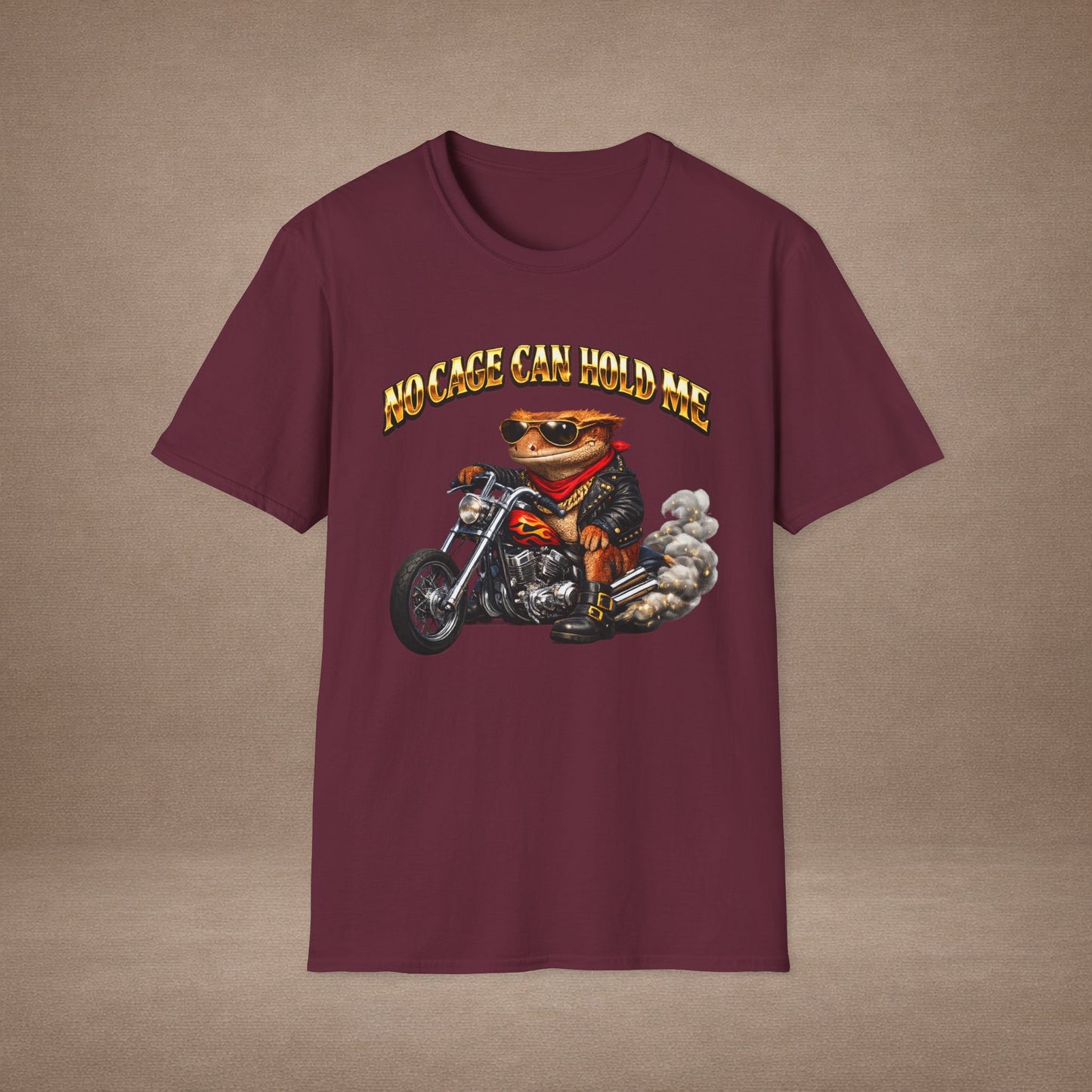 DESIGN #37 No Cage Can Hold Me — Chopper Gecko Tee (Front & Back) Gold Lettering