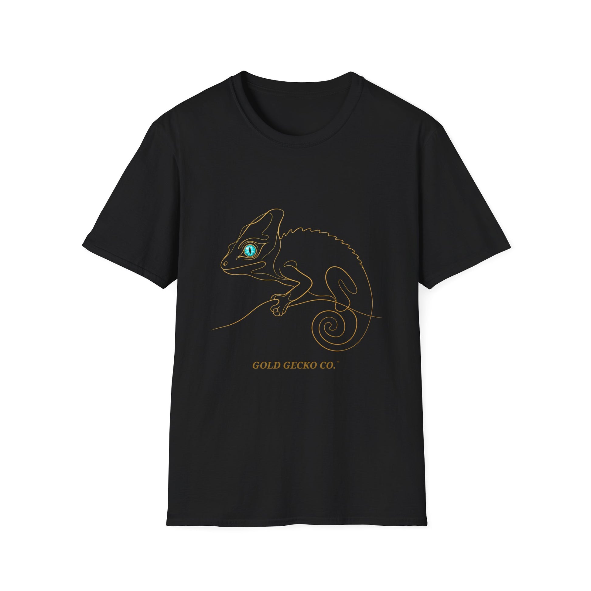 Turquoise Chameleon single-line art with turquoise gem eye — Gold Gecko Co. Line & Gold collection (Dark)