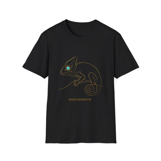 Turquoise Chameleon single-line art with turquoise gem eye — Gold Gecko Co. Line & Gold collection (Dark)