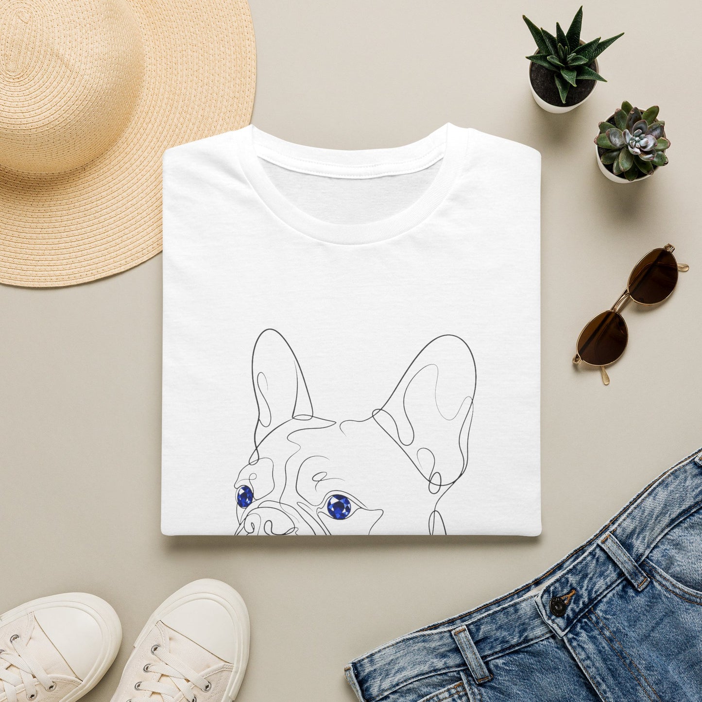 Sapphire French Bulldog single-line art with sapphire blue gem eye — Gold Gecko Co. Line & Gold collection (Light)