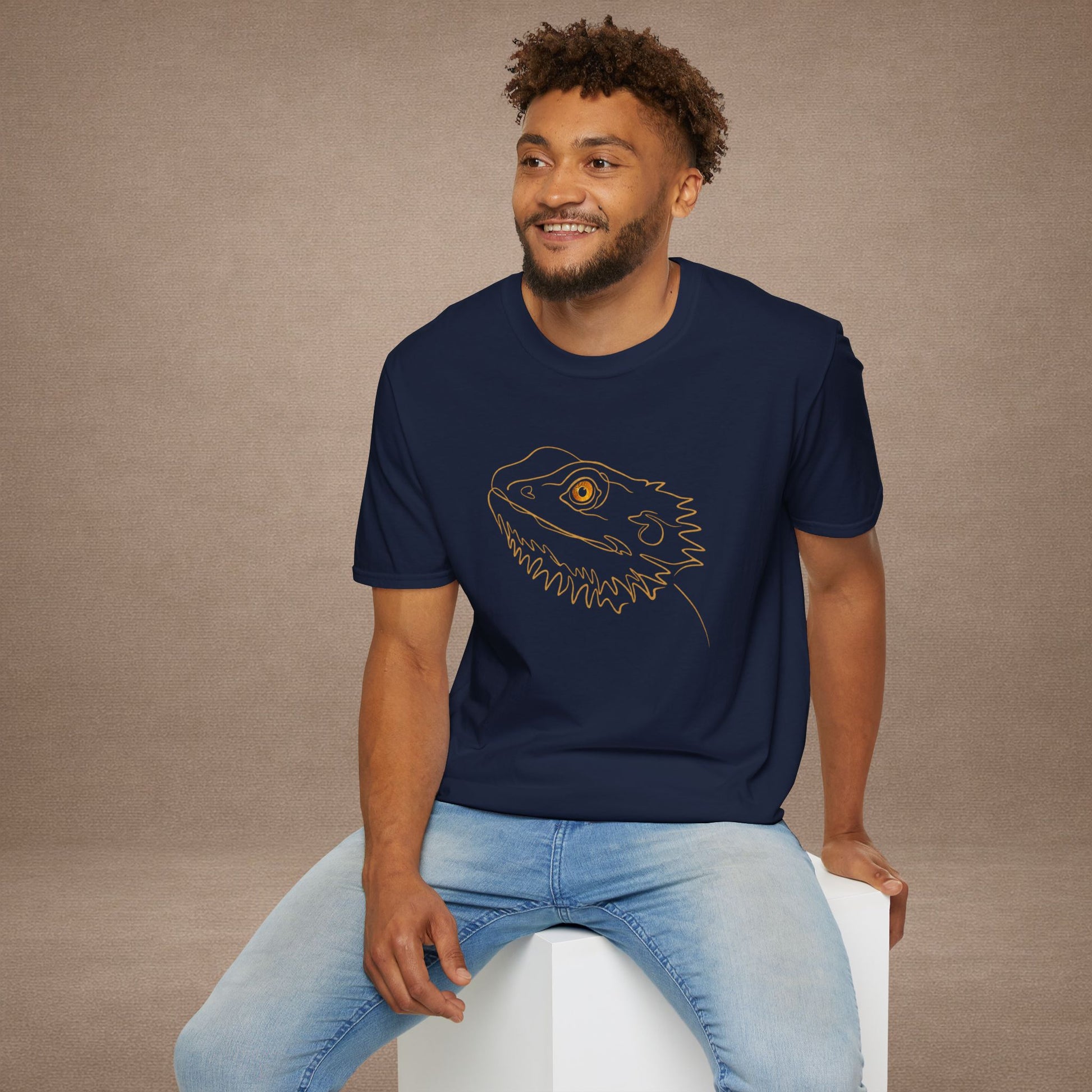 Amber Bearded Dragon single-line art with amber gold gem eye — Gold Gecko Co. Line & Gold collection (Dark)