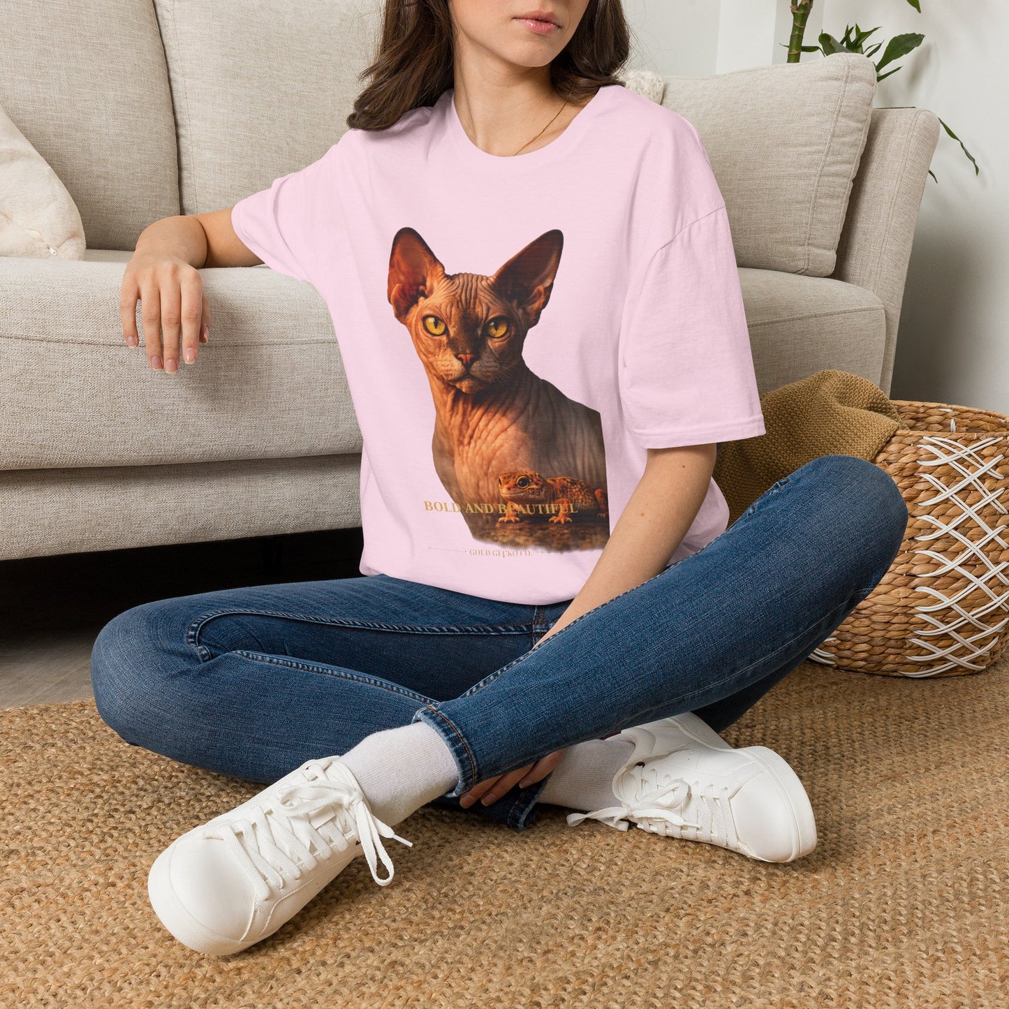 Sphynx — Bold And Beautiful — photoreal cat breed portraits paired with tiny gecko compani. Gold Gecko Co. Cats & Geckos collection.