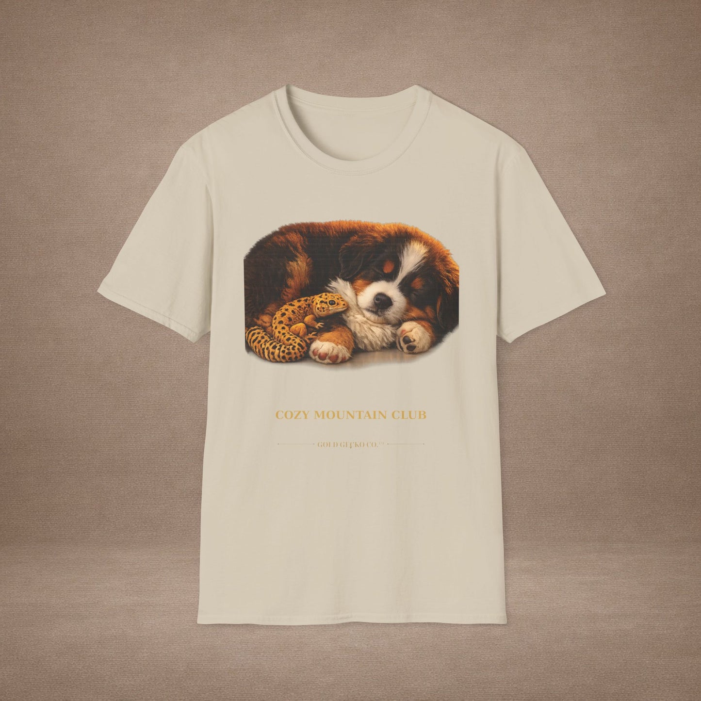 Bernese Mountain Dog — Cozy Mountain Club — cinematic photoreal portraits of beloved dog breeds paired w. Gold Gecko Co. Puppies & Geckos collection.