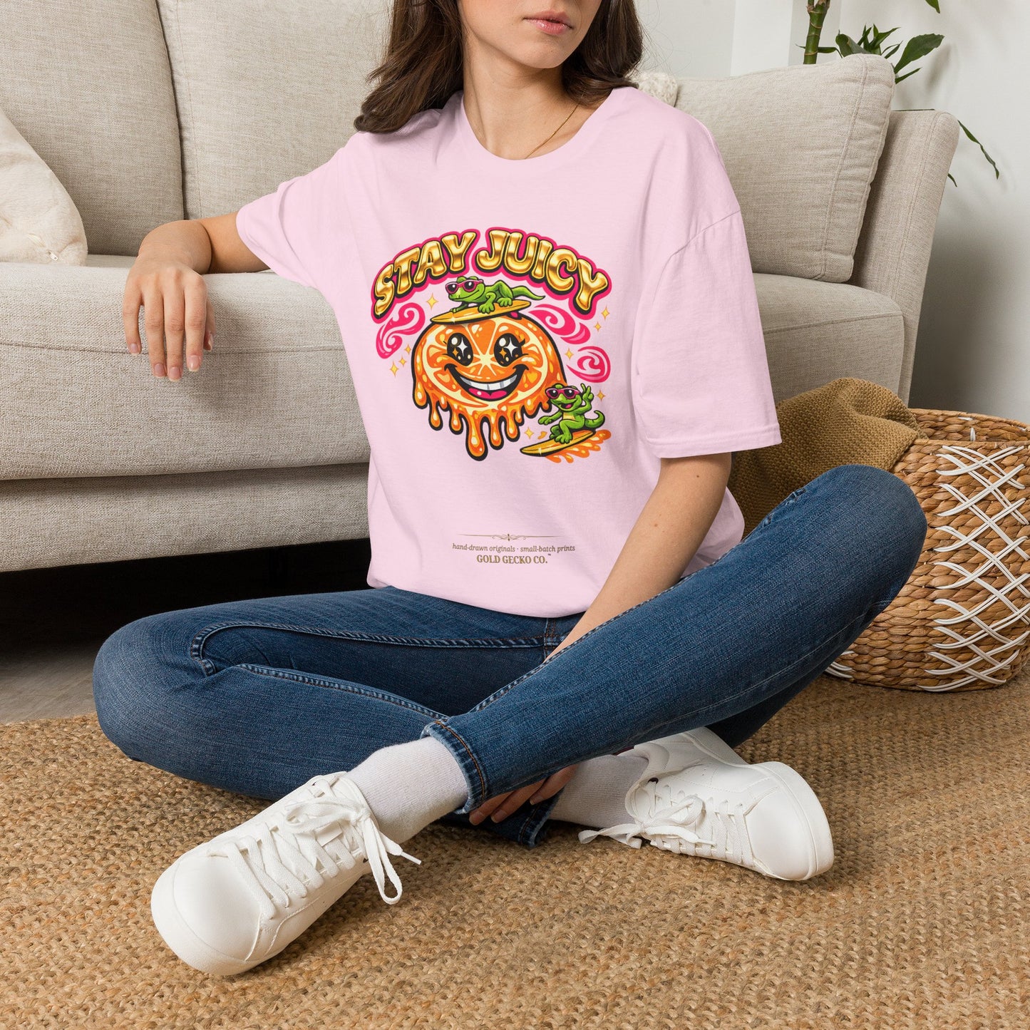 Stay Juicy retro chrome orange & gecko graphic t-shirt — Gold Gecko Co.