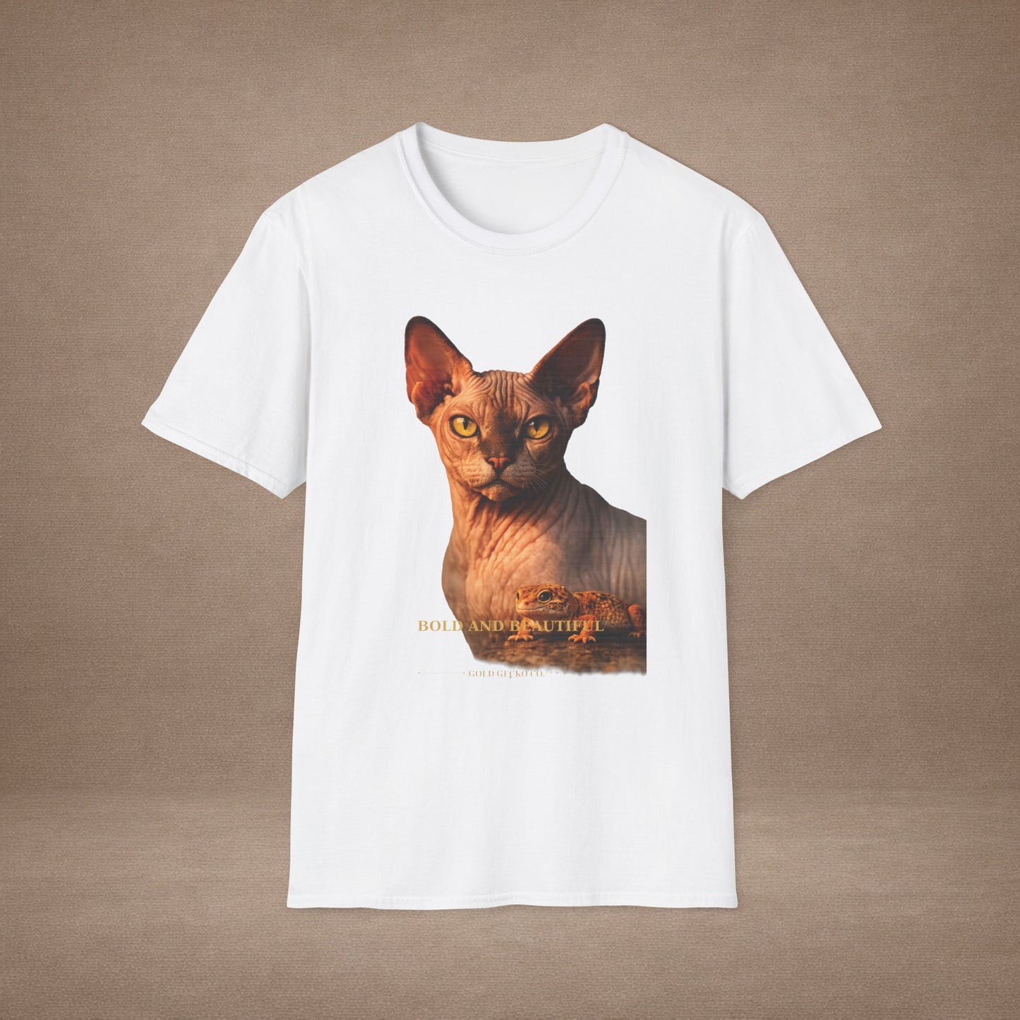 Sphynx — Bold And Beautiful — photoreal cat breed portraits paired with tiny gecko compani. Gold Gecko Co. Cats & Geckos collection.