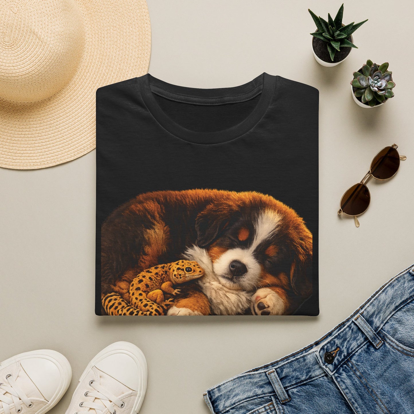 Bernese Mountain Dog — Cozy Mountain Club — cinematic photoreal portraits of beloved dog breeds paired w. Gold Gecko Co. Puppies & Geckos collection.