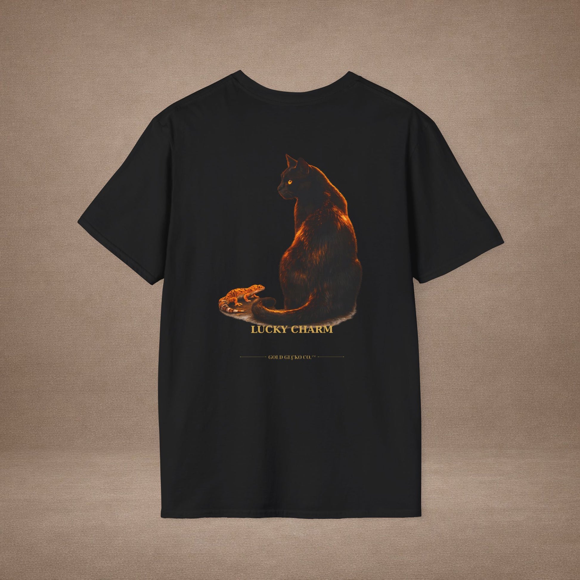 Black Cat — Lucky Charm — photoreal cat breed portraits paired with tiny gecko compani. Gold Gecko Co. Cats & Geckos collection.