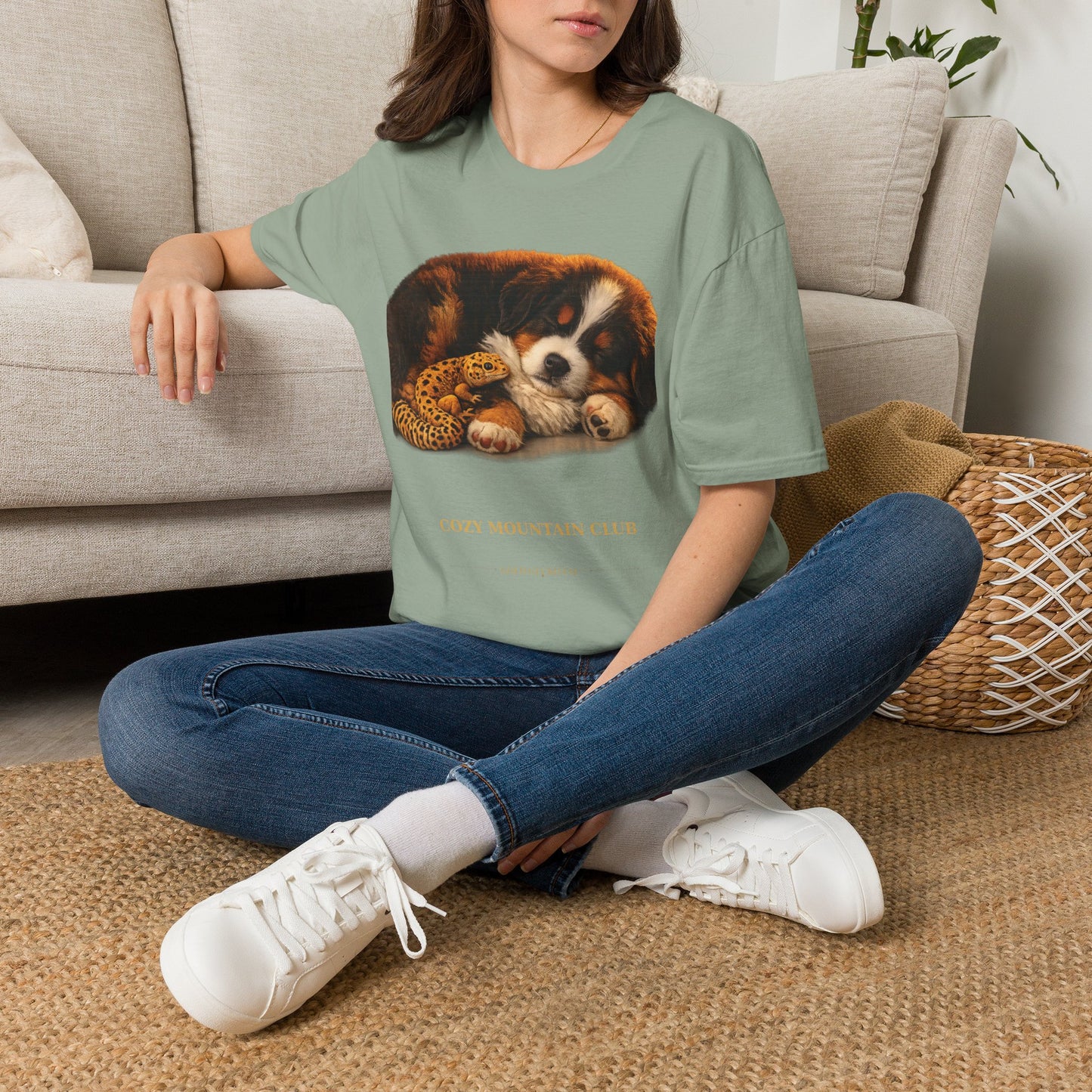 Bernese Mountain Dog — Cozy Mountain Club — cinematic photoreal portraits of beloved dog breeds paired w. Gold Gecko Co. Puppies & Geckos collection.
