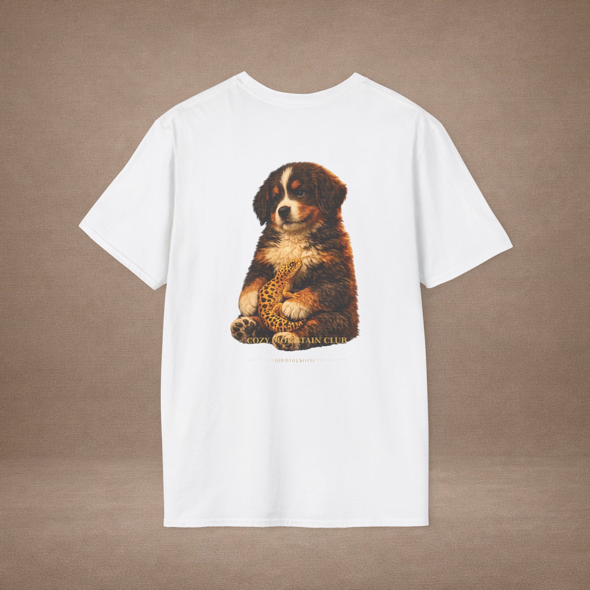 Bernese Mountain Dog — Cozy Mountain Club — cinematic photoreal portraits of beloved dog breeds paired w. Gold Gecko Co. Puppies & Geckos collection.