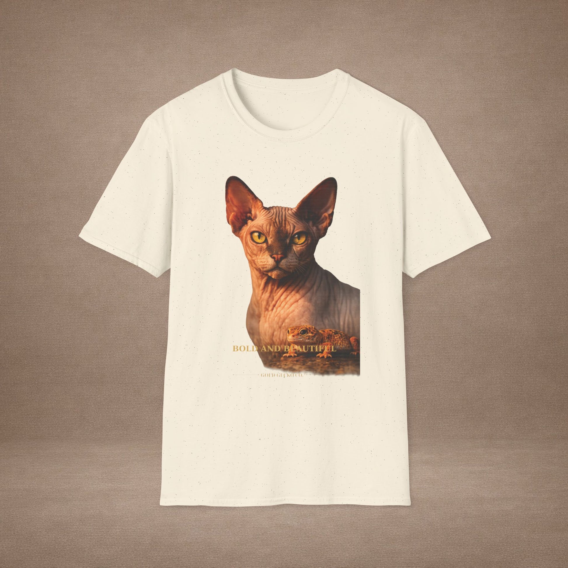 Sphynx — Bold And Beautiful — photoreal cat breed portraits paired with tiny gecko compani. Gold Gecko Co. Cats & Geckos collection.