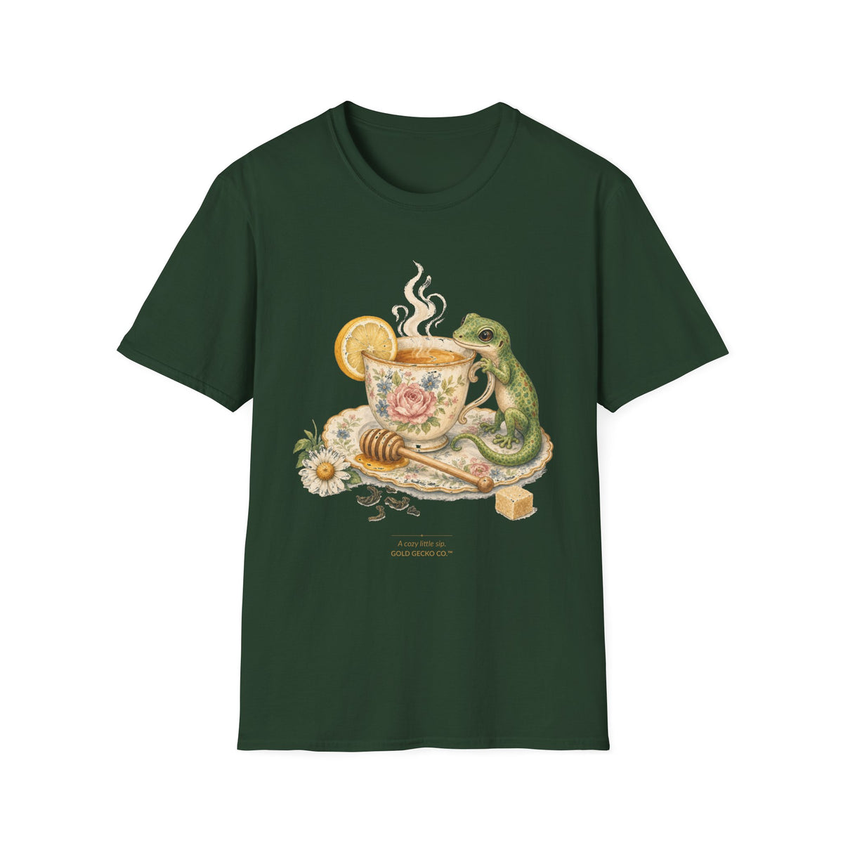 Tea Time Gecko cottagecore watercolor T-shirt from Gold Gecko Co. — gecko sipping from a floral teacup among daisies and lavender.