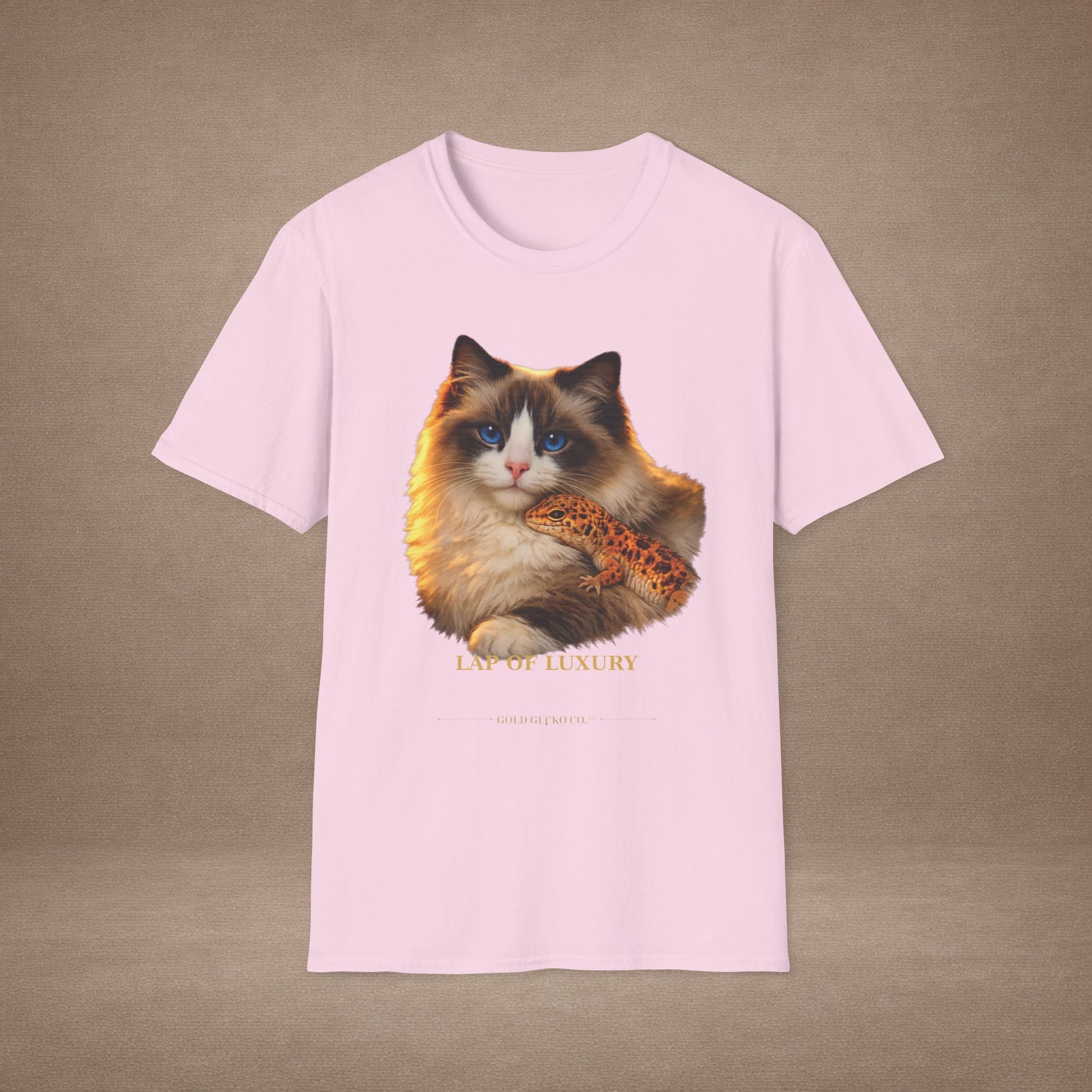 Ragdoll — Lap Of Luxury — photoreal cat breed portraits paired with tiny gecko compani. Gold Gecko Co. Cats & Geckos collection.