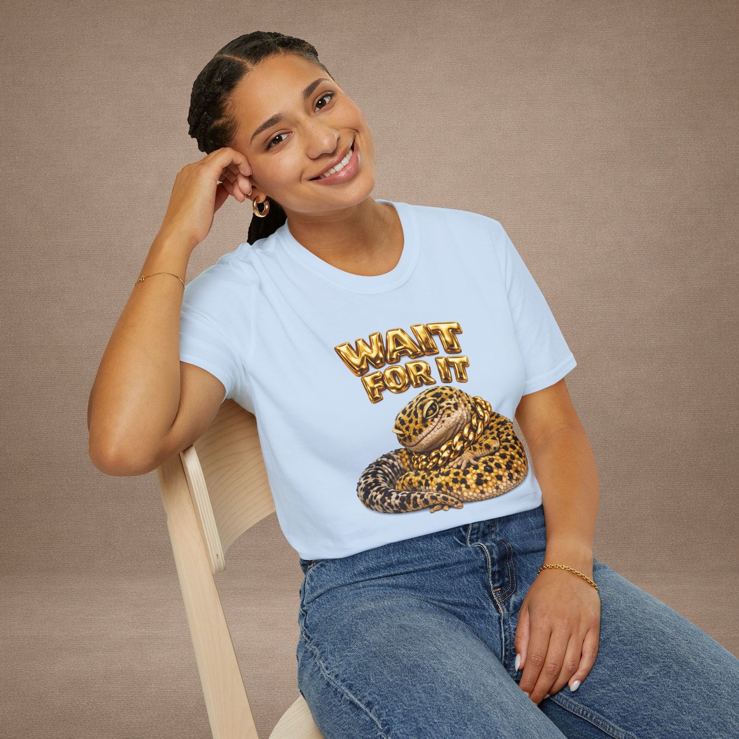 DESIGN #06-1 - Wait For It -  Side-Eye Leopard Gecko Tee (Front & Back)- Gold Letters