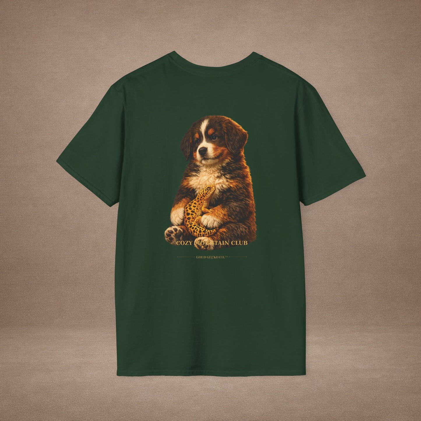 Bernese Mountain Dog — Cozy Mountain Club — cinematic photoreal portraits of beloved dog breeds paired w. Gold Gecko Co. Puppies & Geckos collection.