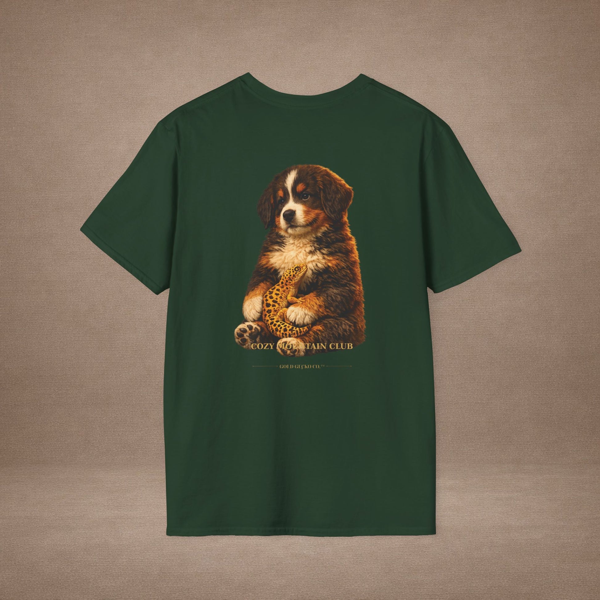 Bernese Mountain Dog — Cozy Mountain Club — cinematic photoreal portraits of beloved dog breeds paired w. Gold Gecko Co. Puppies & Geckos collection.