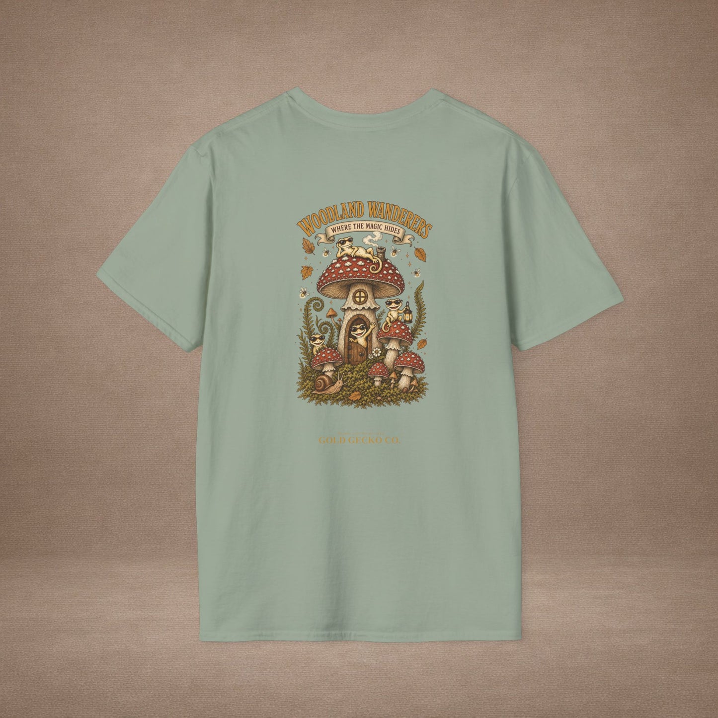 Toadstool Trip cottagecore mushroom & gecko t-shirt — Gold Gecko Co.