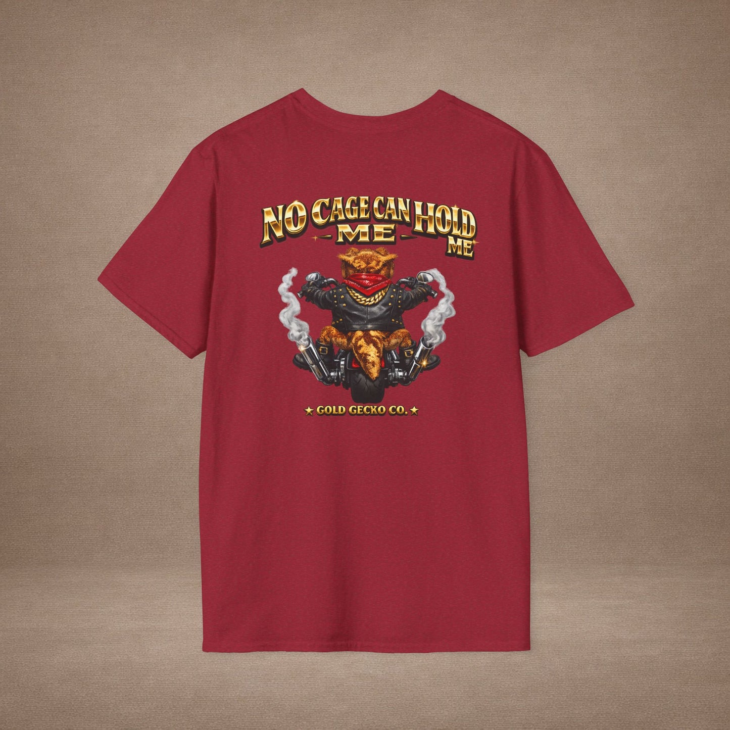 DESIGN #37 No Cage Can Hold Me — Chopper Gecko Tee (Front & Back) Gold Lettering