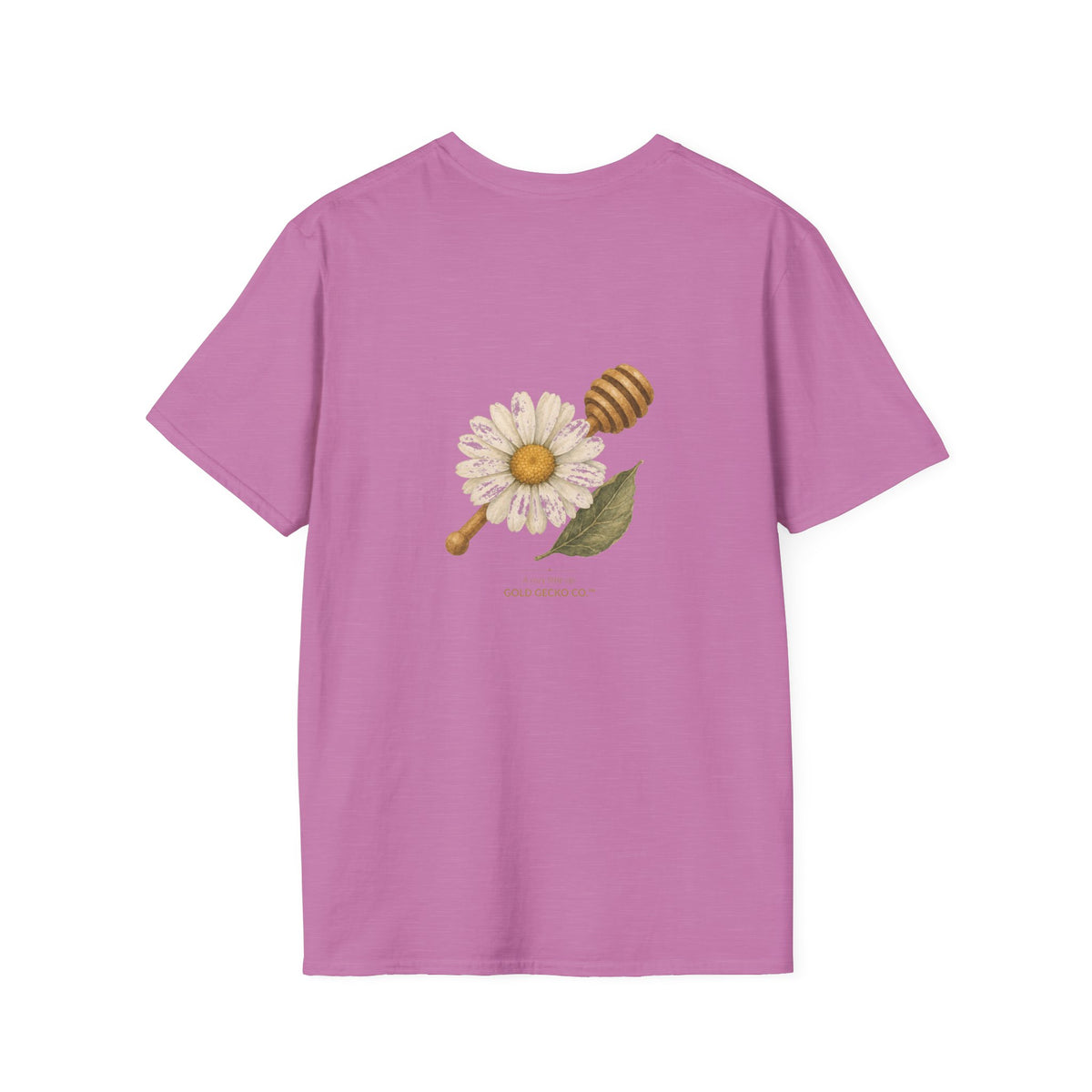 Tea Time Gecko cottagecore watercolor T-shirt from Gold Gecko Co. — gecko sipping from a floral teacup among daisies and lavender.