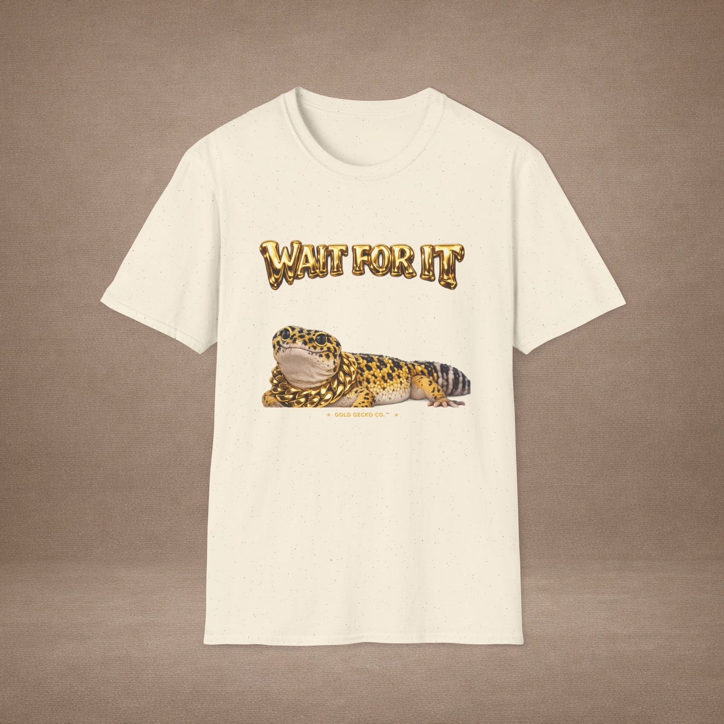 DESIGN #21 Wait For It... Lounging Leopard Gecko Tee (Front & Back) - Gold Lettering