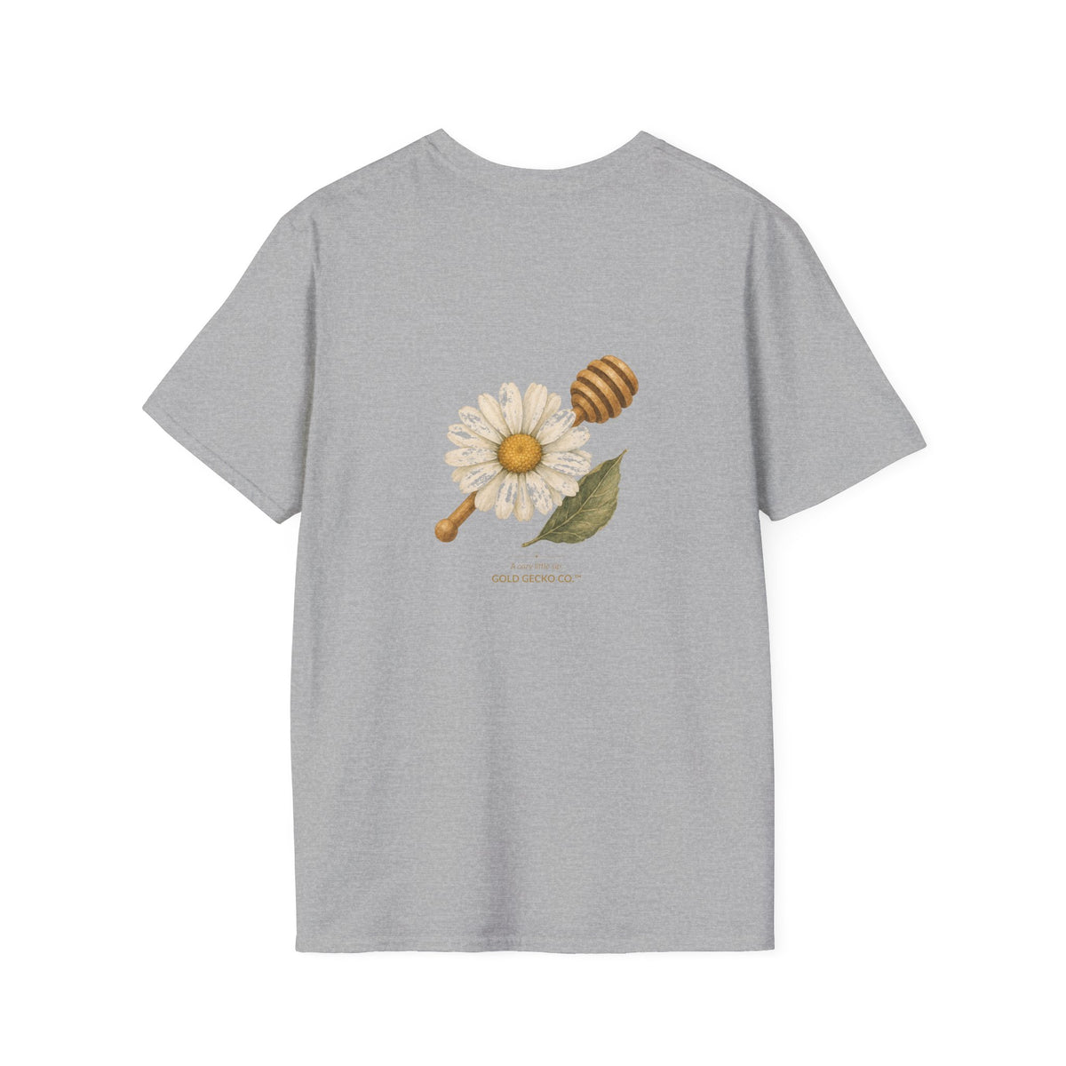 Tea Time Gecko cottagecore watercolor T-shirt from Gold Gecko Co. — gecko sipping from a floral teacup among daisies and lavender.