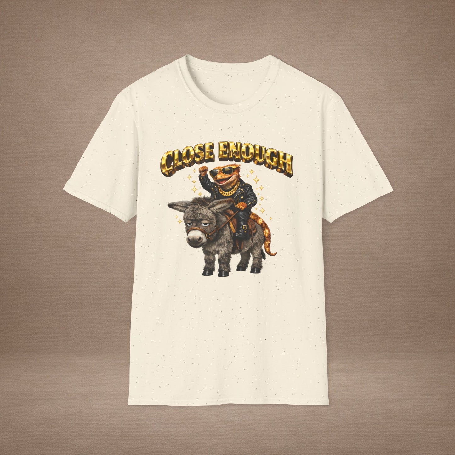 DESIGN #04-1 Close Enough — Donkey Gecko Tee (Front & Back) (Gold Letters)