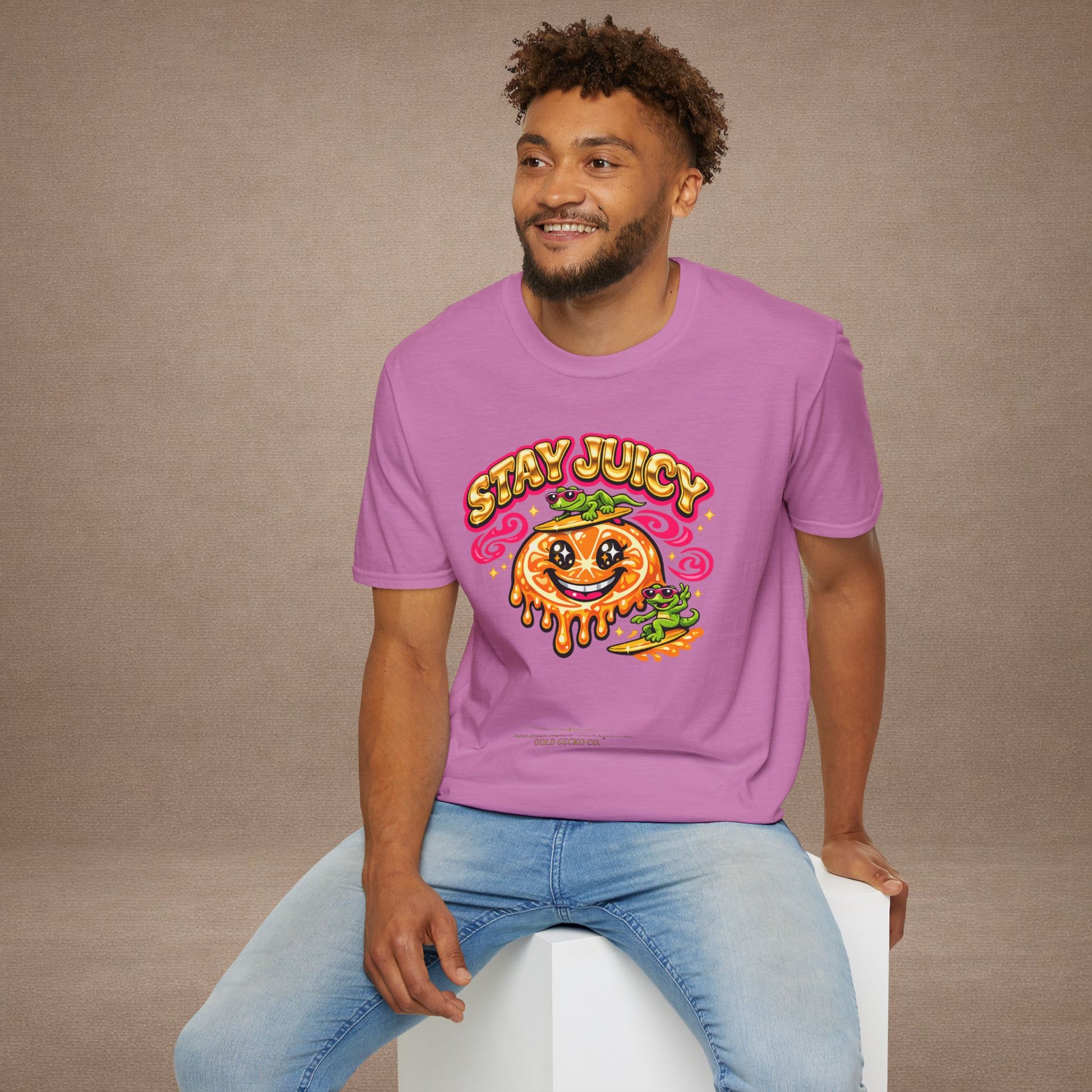 Stay Juicy retro chrome orange & gecko graphic t-shirt — Gold Gecko Co.
