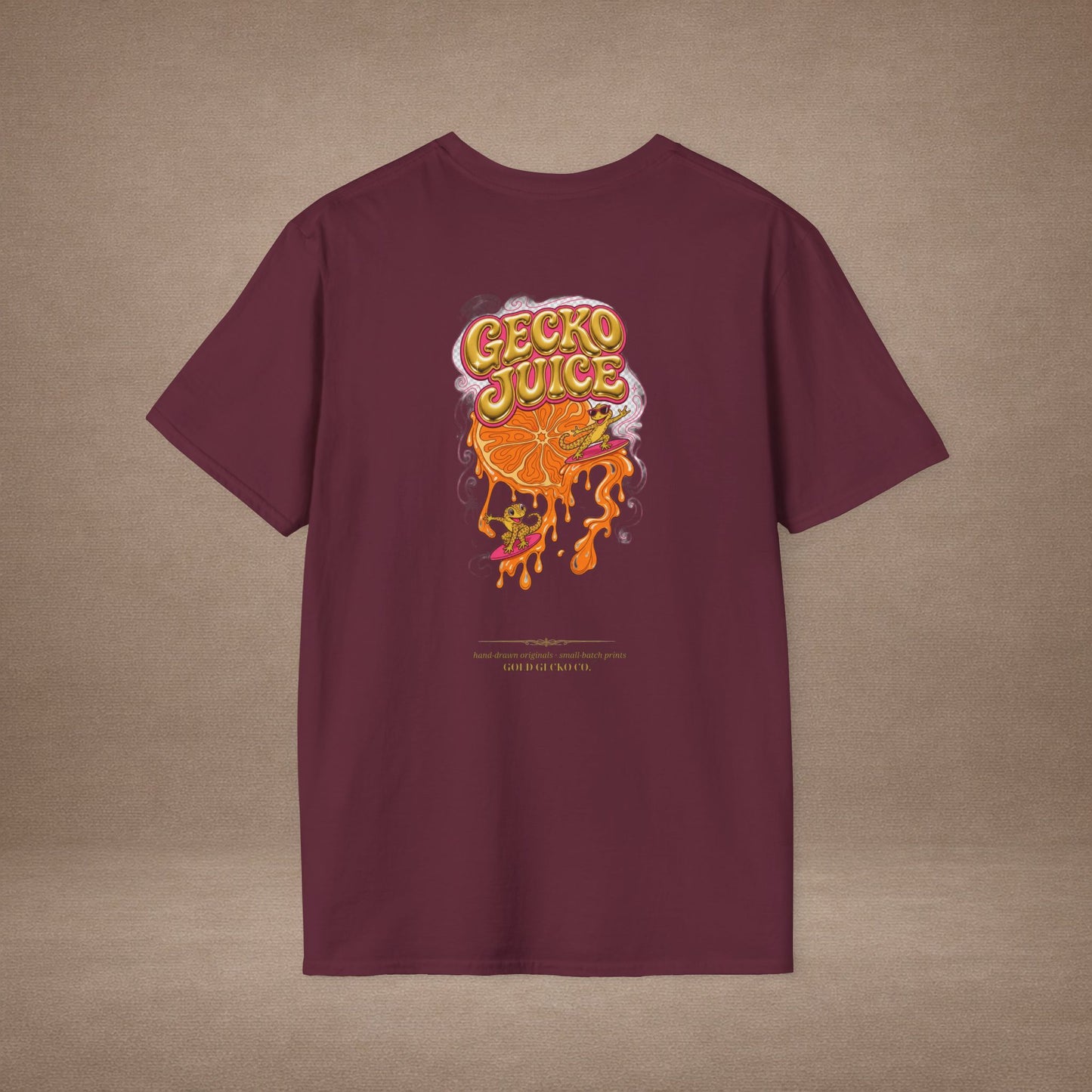 Stay Juicy retro chrome orange & gecko graphic t-shirt — Gold Gecko Co.