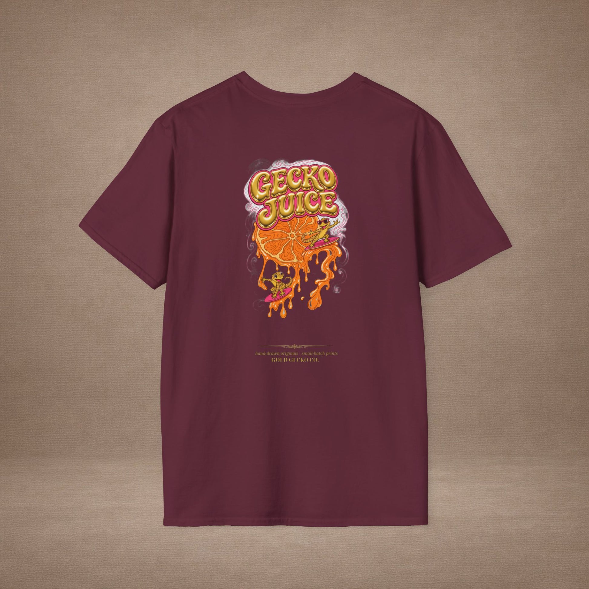 Stay Juicy retro chrome orange & gecko graphic t-shirt — Gold Gecko Co.