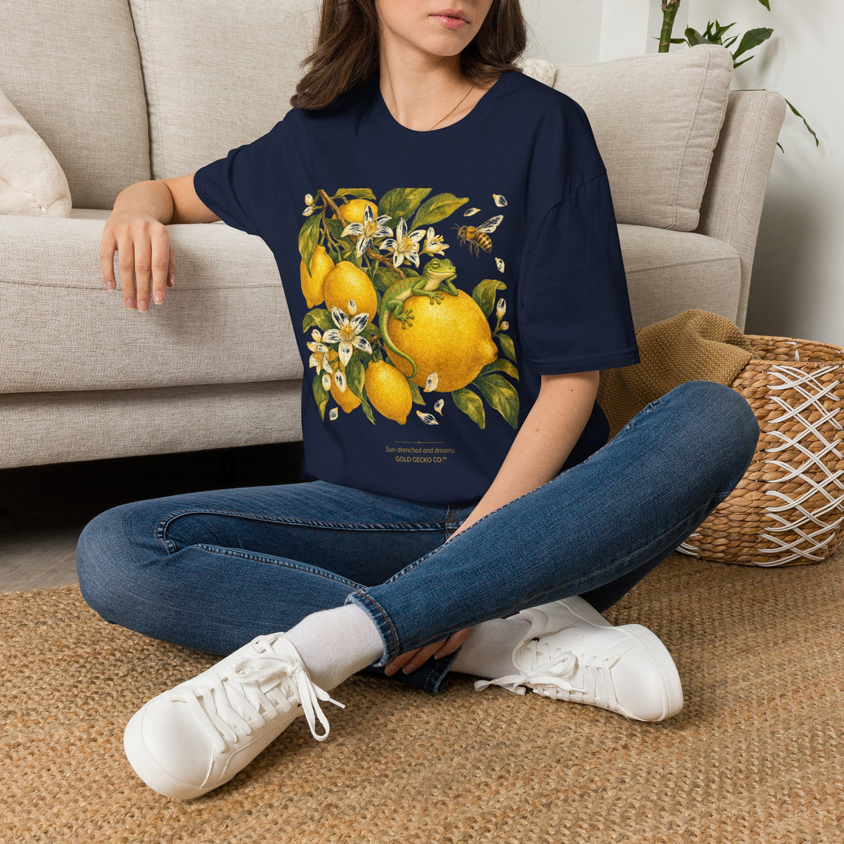 Citrus Grove Gecko cottagecore watercolor T-shirt from Gold Gecko Co. — gecko in a sunlit Mediterranean citrus grove of lemons and oranges.