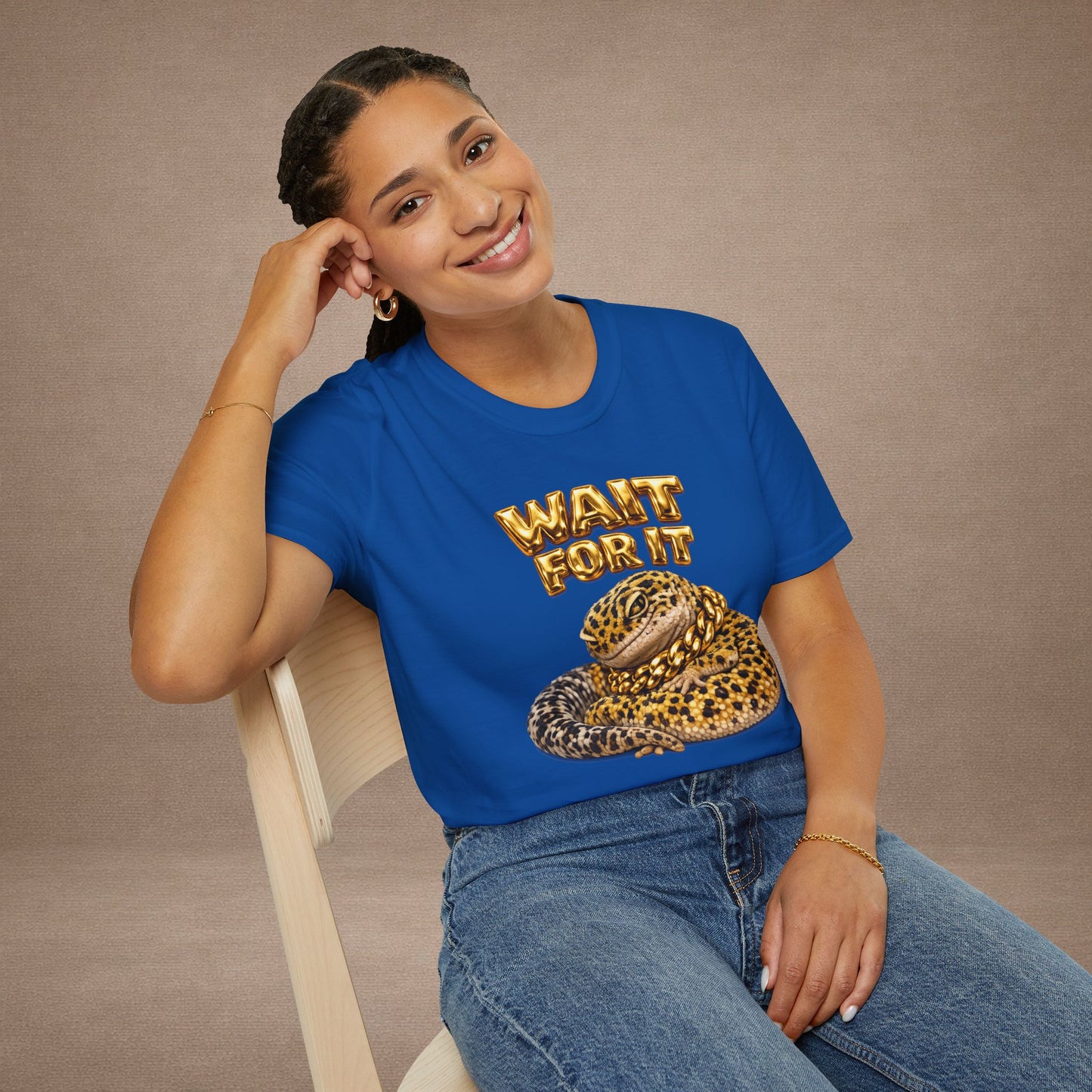 DESIGN #06-1 - Wait For It -  Side-Eye Leopard Gecko Tee (Front & Back)- Gold Letters