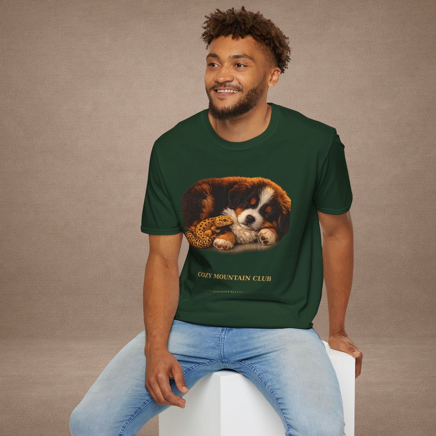 Bernese Mountain Dog — Cozy Mountain Club — cinematic photoreal portraits of beloved dog breeds paired w. Gold Gecko Co. Puppies & Geckos collection.