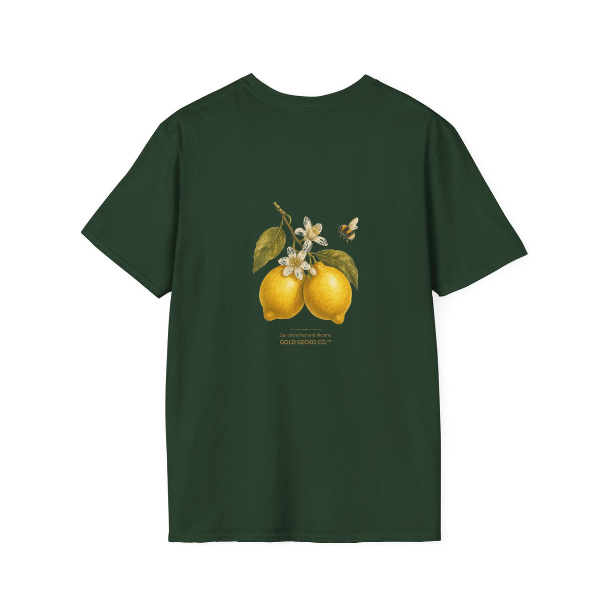 Citrus Grove Gecko cottagecore watercolor T-shirt from Gold Gecko Co. — gecko in a sunlit Mediterranean citrus grove of lemons and oranges.