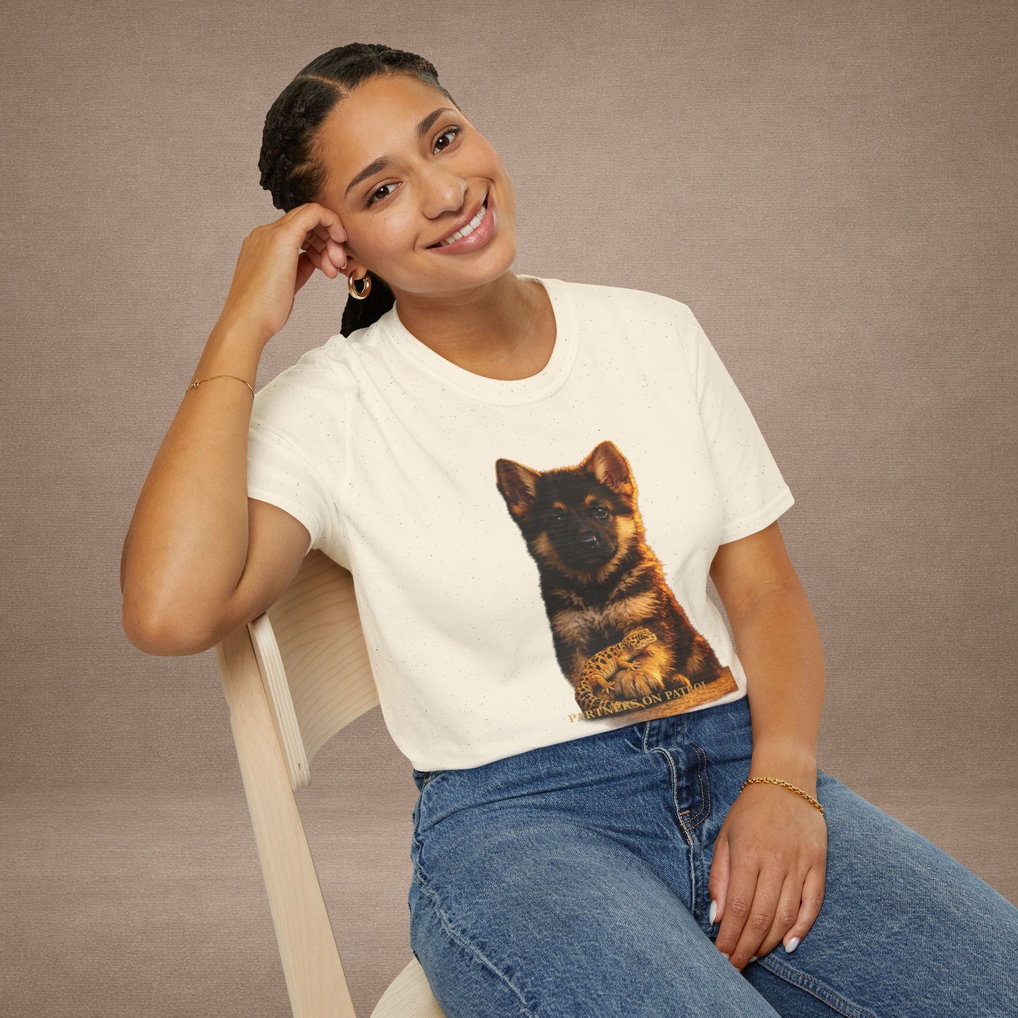 German Shepherd — Partners On Patrol — cinematic photoreal portraits of beloved dog breeds paired w. Gold Gecko Co. Puppies & Geckos collection.